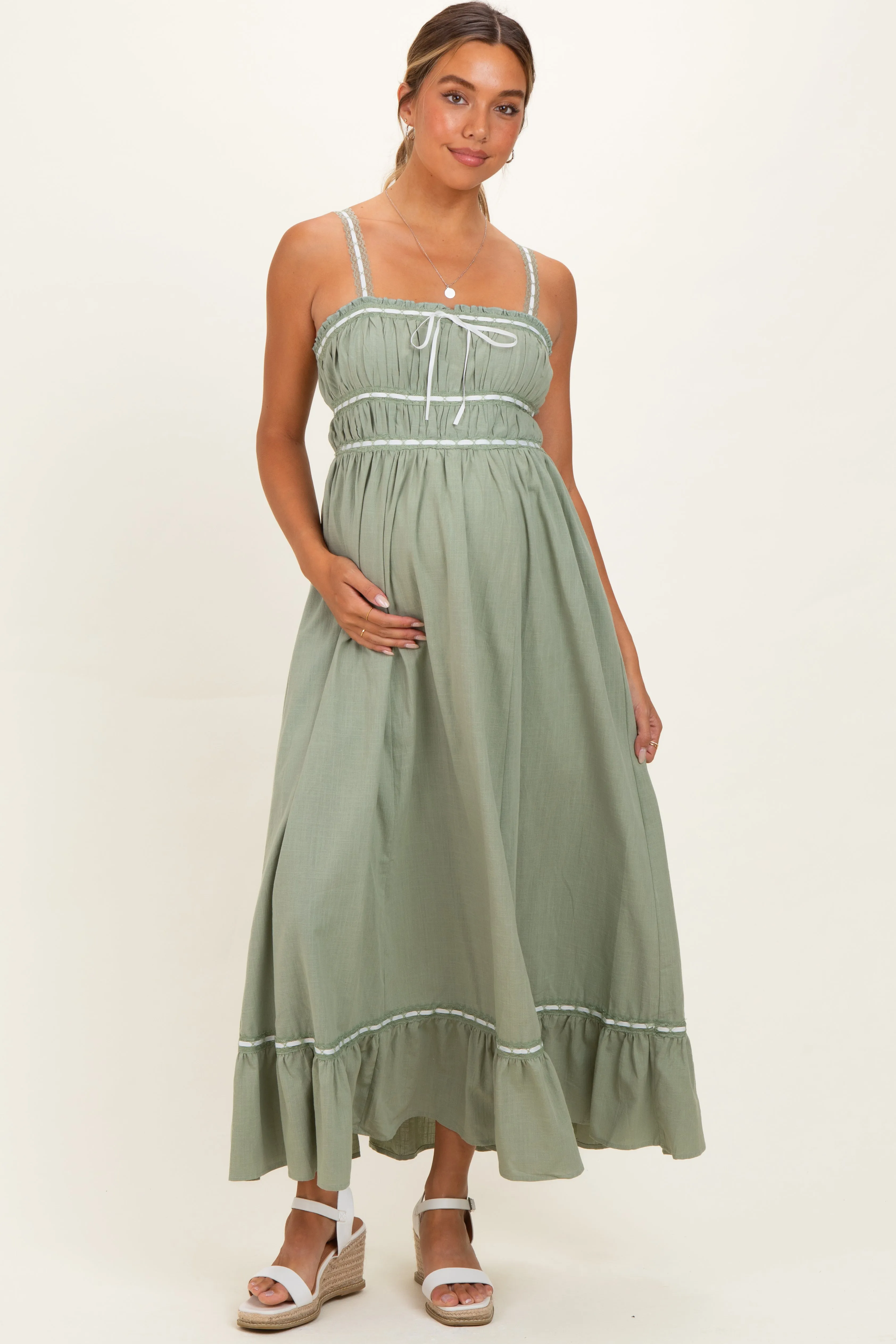 Light Olive Lace Ribbon Detail Maternity Maxi Dress sold by Pinkblush