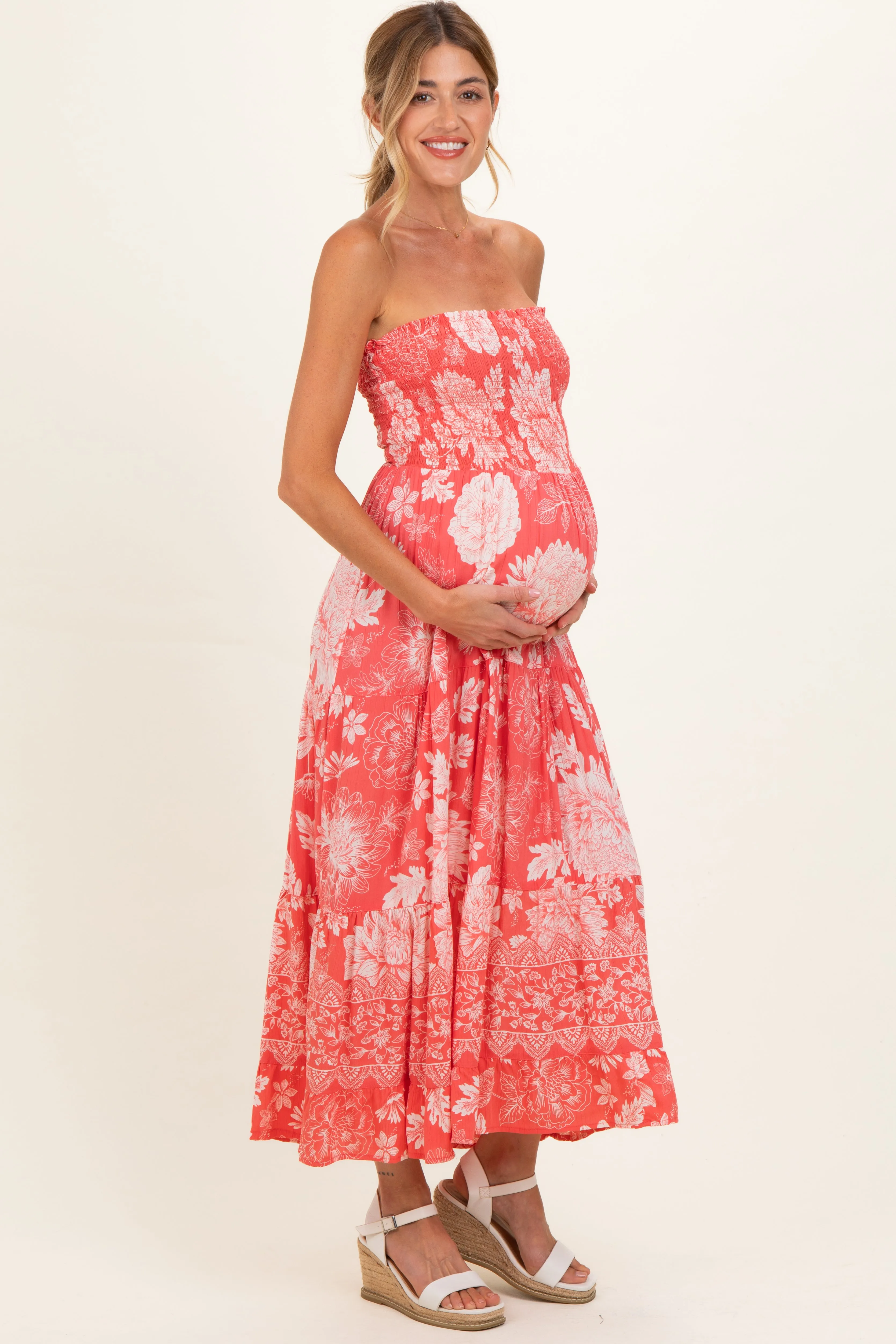 Coral Pink Floral Smocked Strapless Maternity Midi Dress sold by Pinkblush product image thumbnail 2