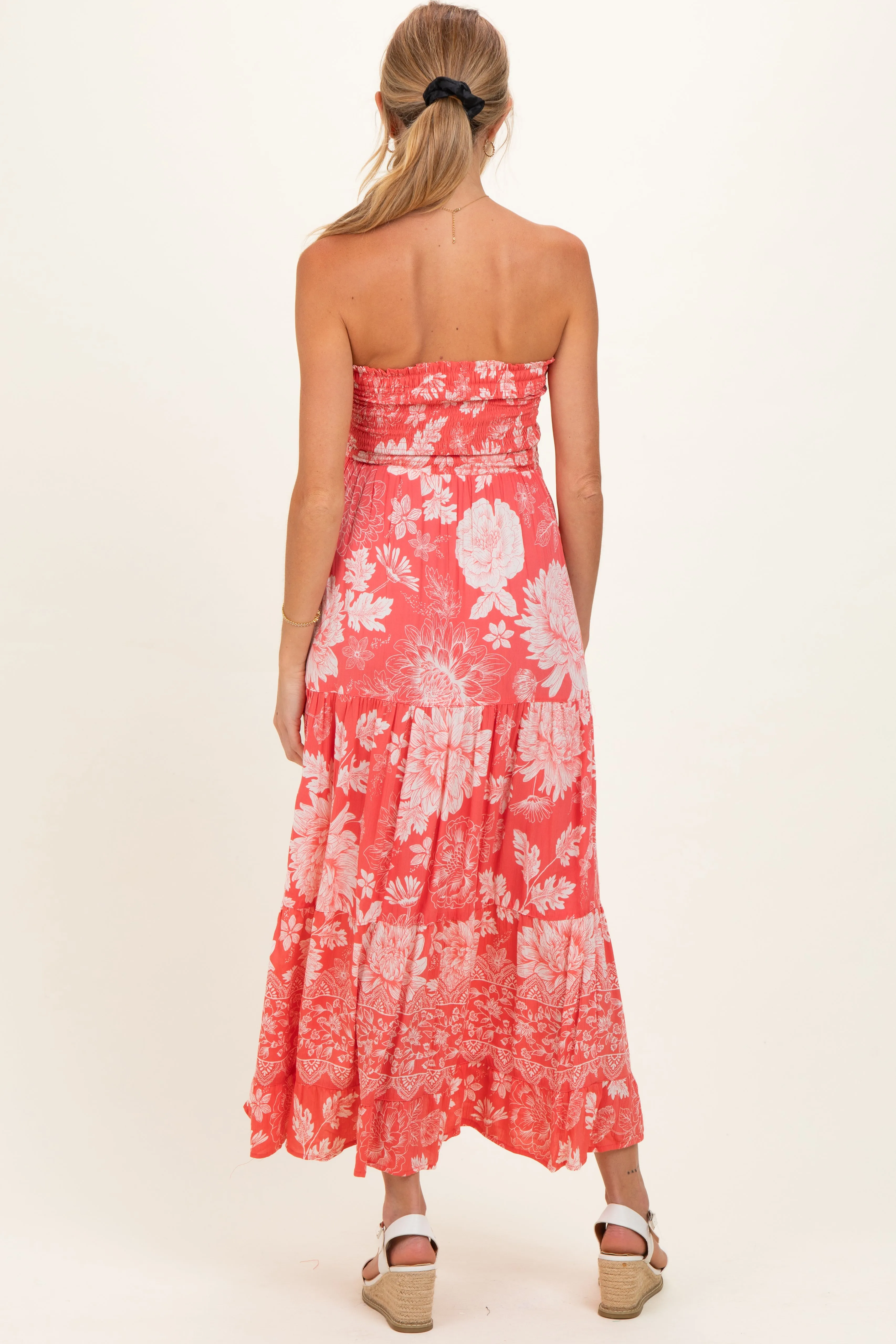 Coral Pink Floral Smocked Strapless Maternity Midi Dress sold by Pinkblush product image thumbnail 3