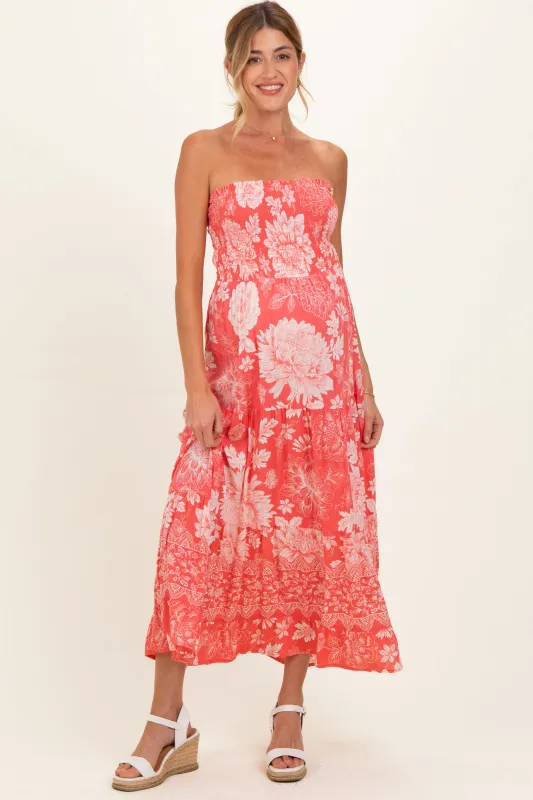 Coral Pink Floral Smocked Strapless Maternity Midi Dress made by Angie