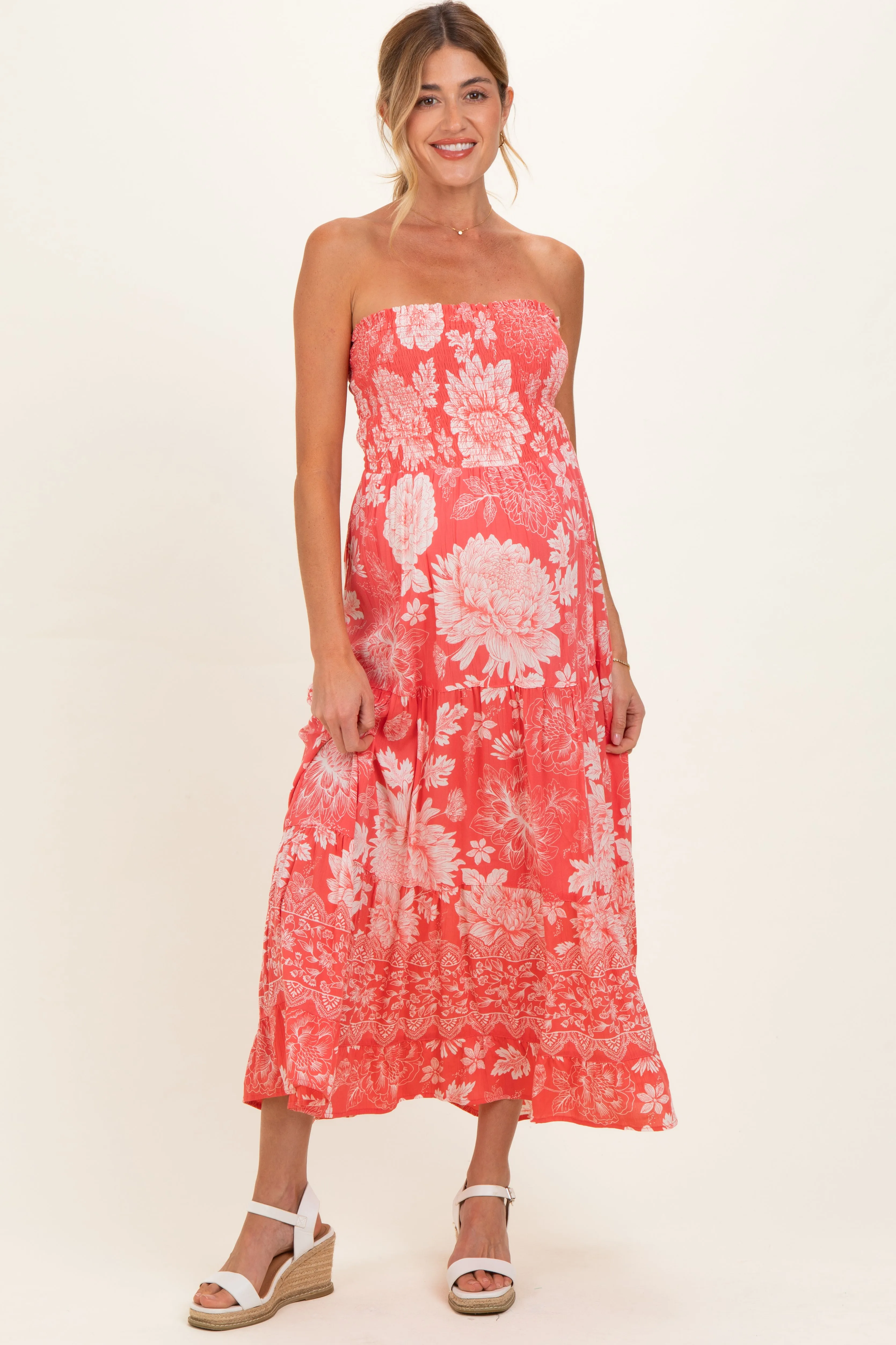 Coral Pink Floral Smocked Strapless Maternity Midi Dress sold by Pinkblush