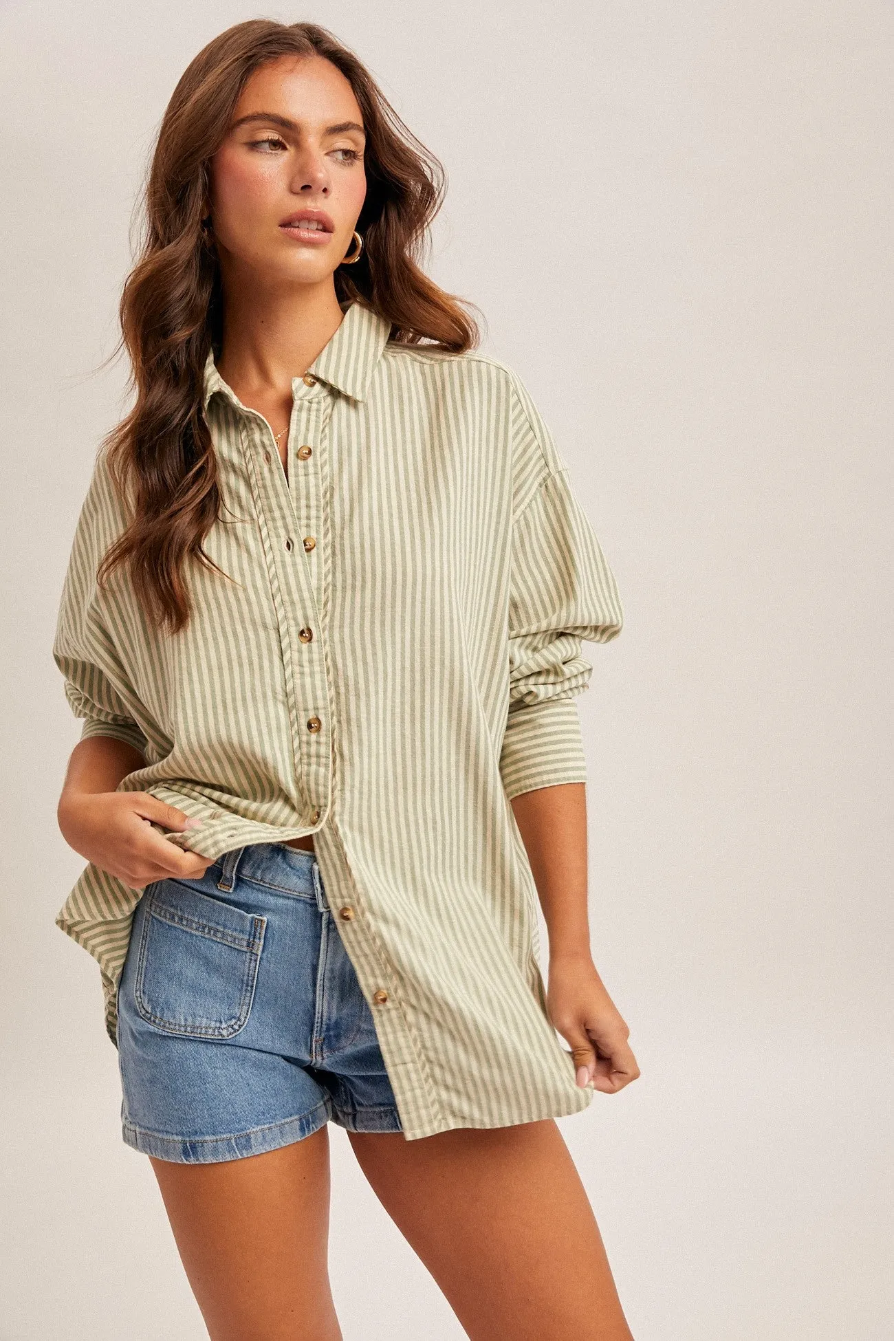 Sage Oversized Striped Button Down Long Sleeve Maternity Shirt sold by Pinkblush product image thumbnail 5