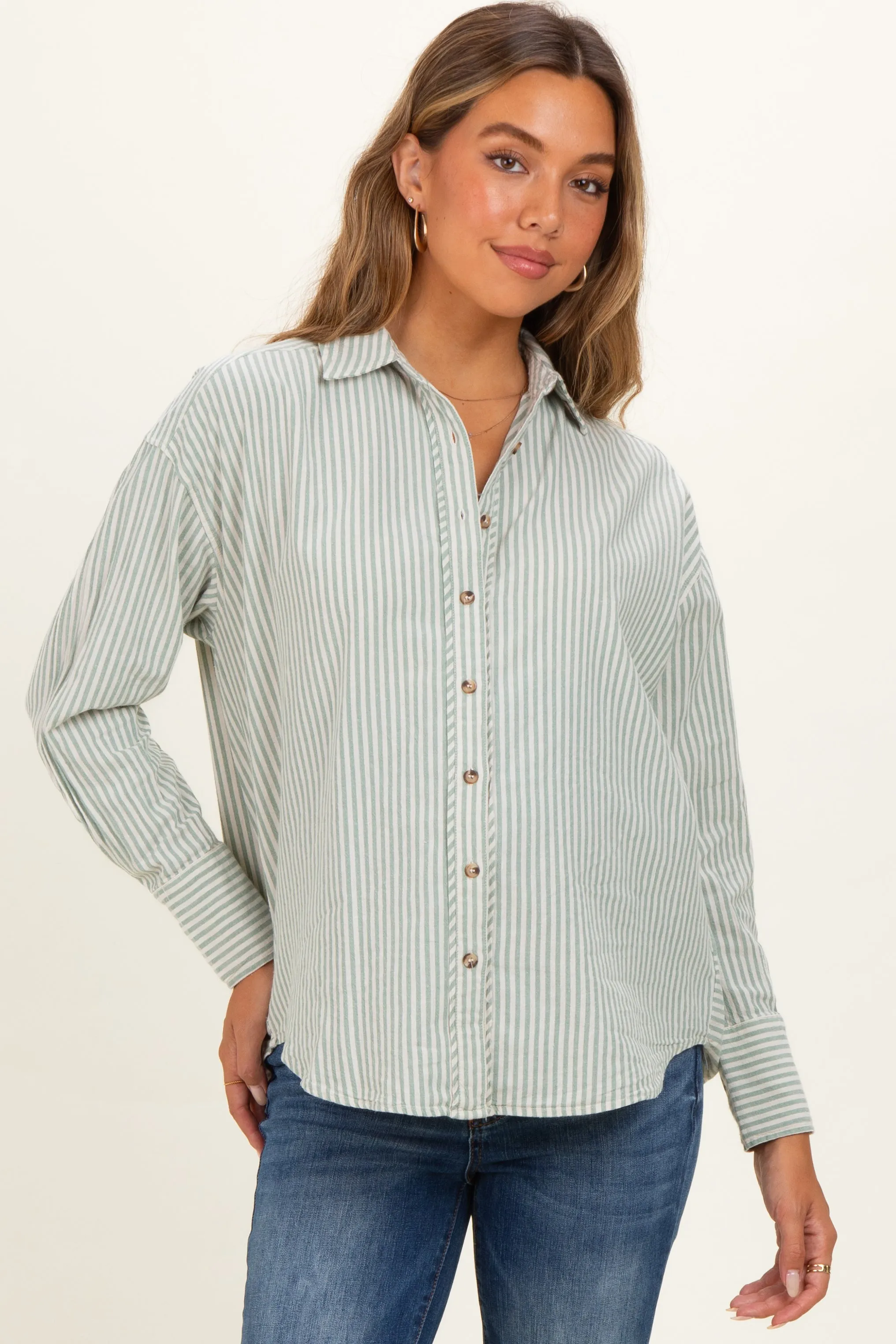 Sage Oversized Striped Button Down Long Sleeve Maternity Shirt sold by Pinkblush product image thumbnail 2