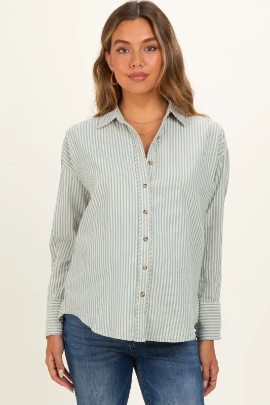 Sage Oversized Striped Button Down Long Sleeve Maternity Shirt made by Hem & Thread