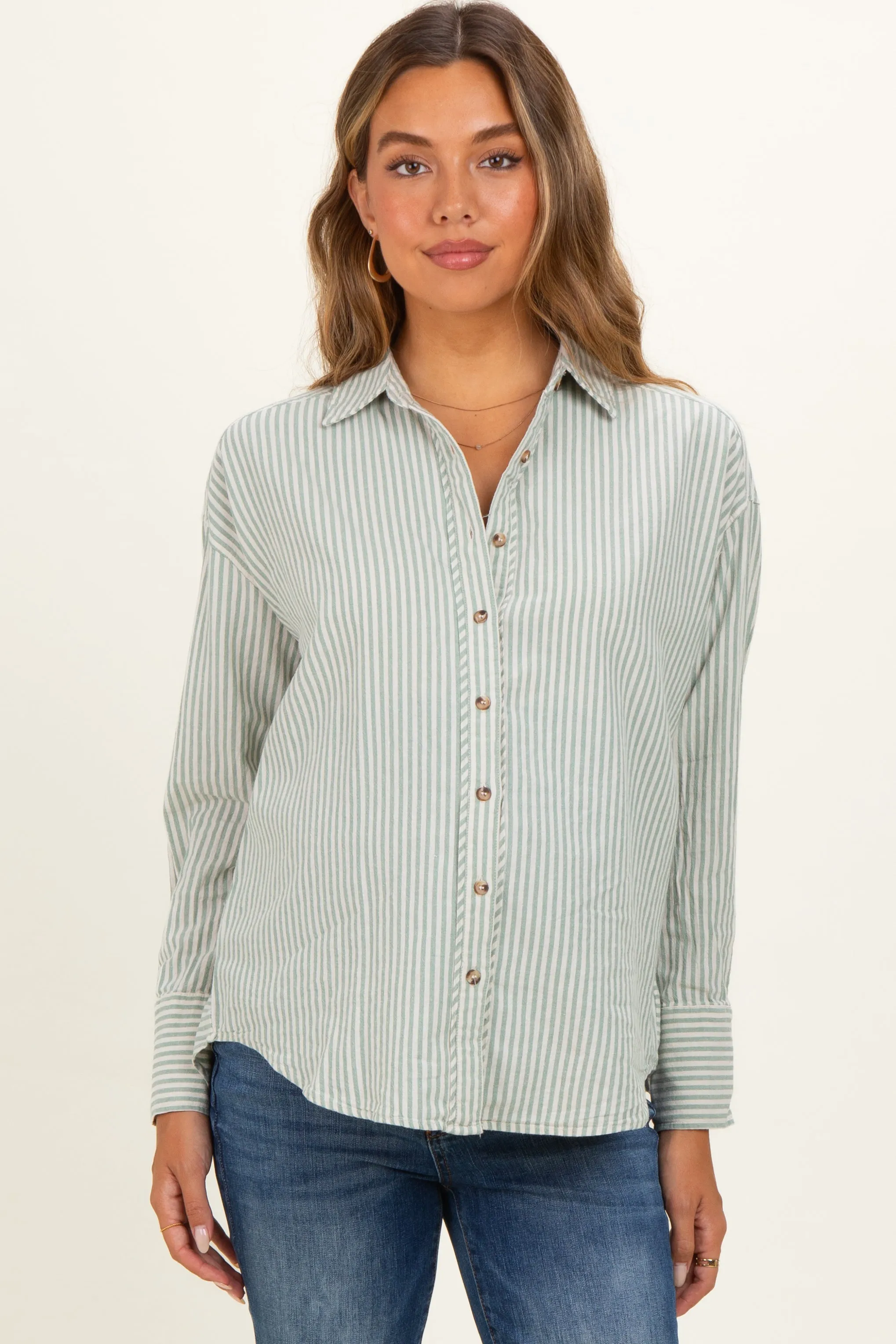Sage Oversized Striped Button Down Long Sleeve Maternity Shirt sold by Pinkblush