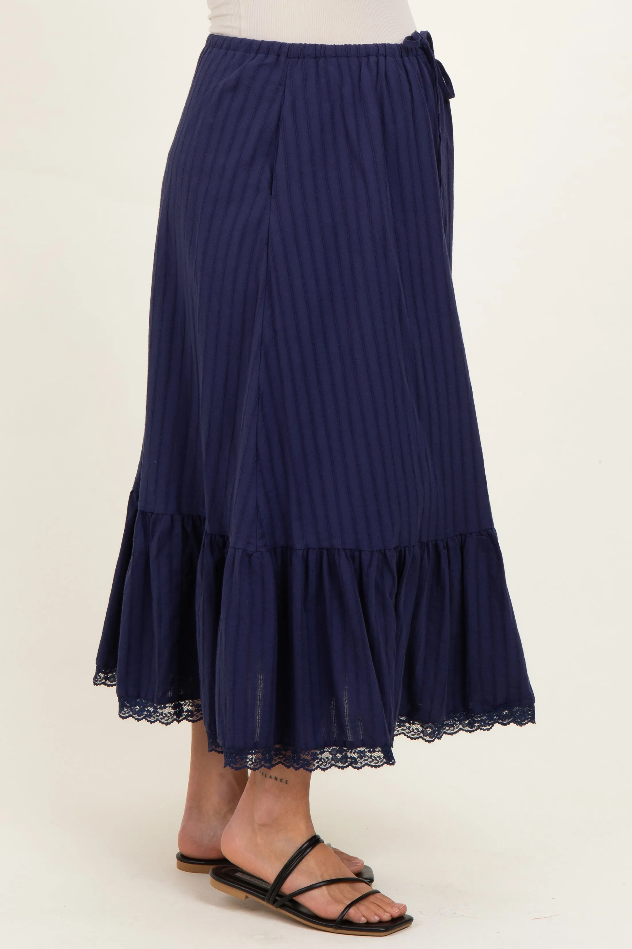 Navy Striped Lace Trim Maternity Midi Skirt sold by Pinkblush product image thumbnail 4