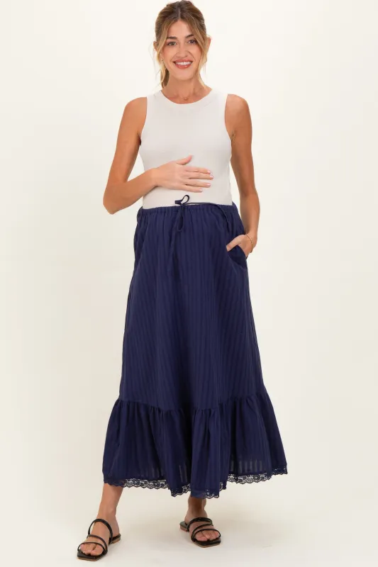 Navy Striped Lace Trim Maternity Midi Skirt made by BaeVely