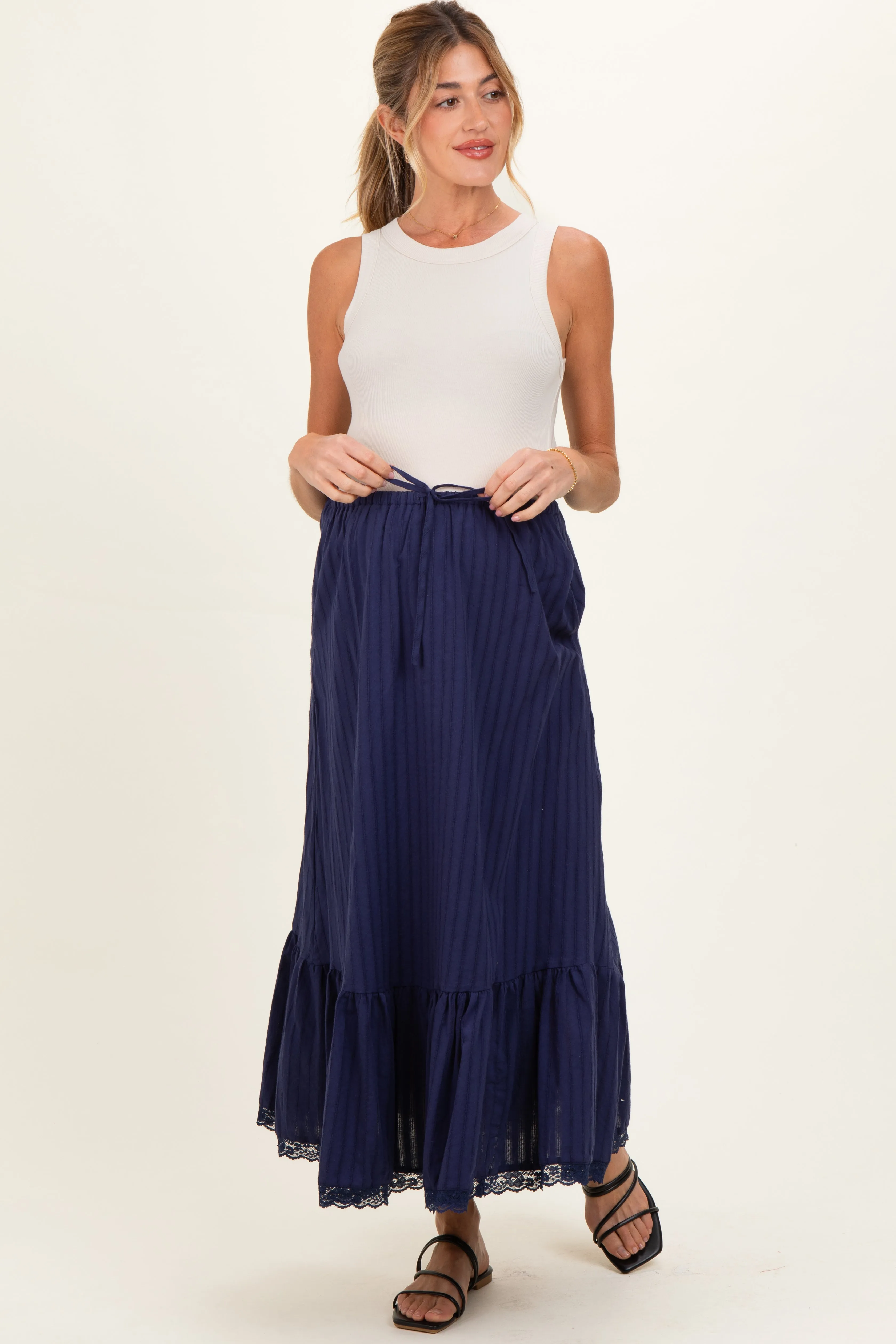 Navy Striped Lace Trim Maternity Midi Skirt sold by Pinkblush product image thumbnail 2