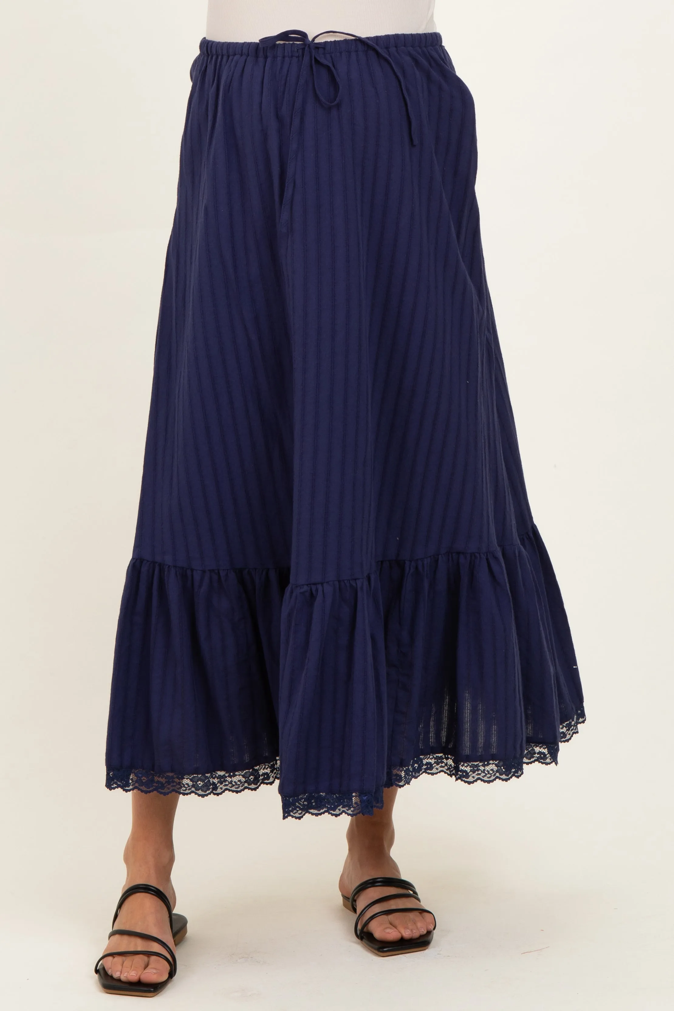 Navy Striped Lace Trim Maternity Midi Skirt sold by Pinkblush product image thumbnail 3