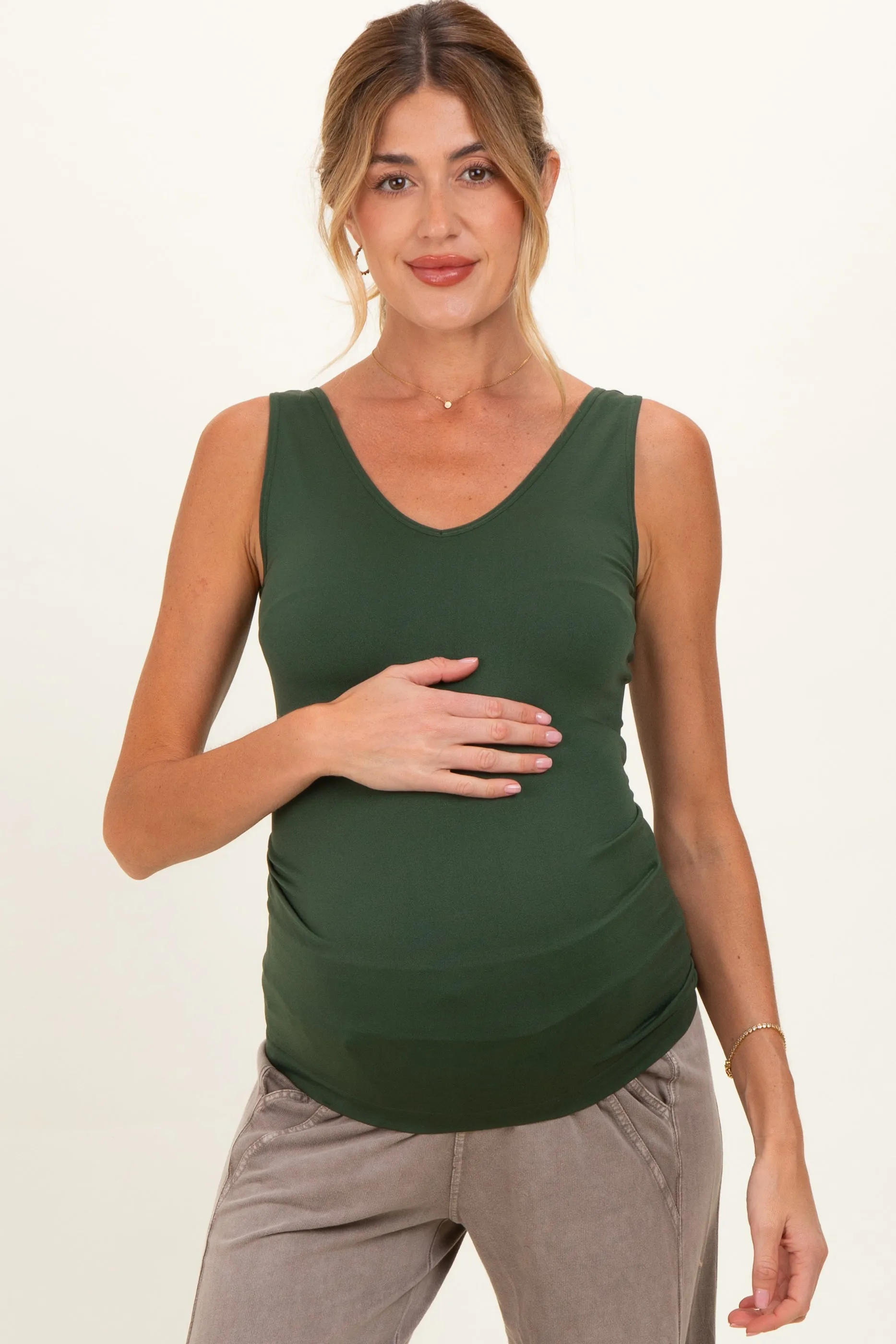 Army Green Sleeveless Fitted Maternity Tank Top sold by Pinkblush