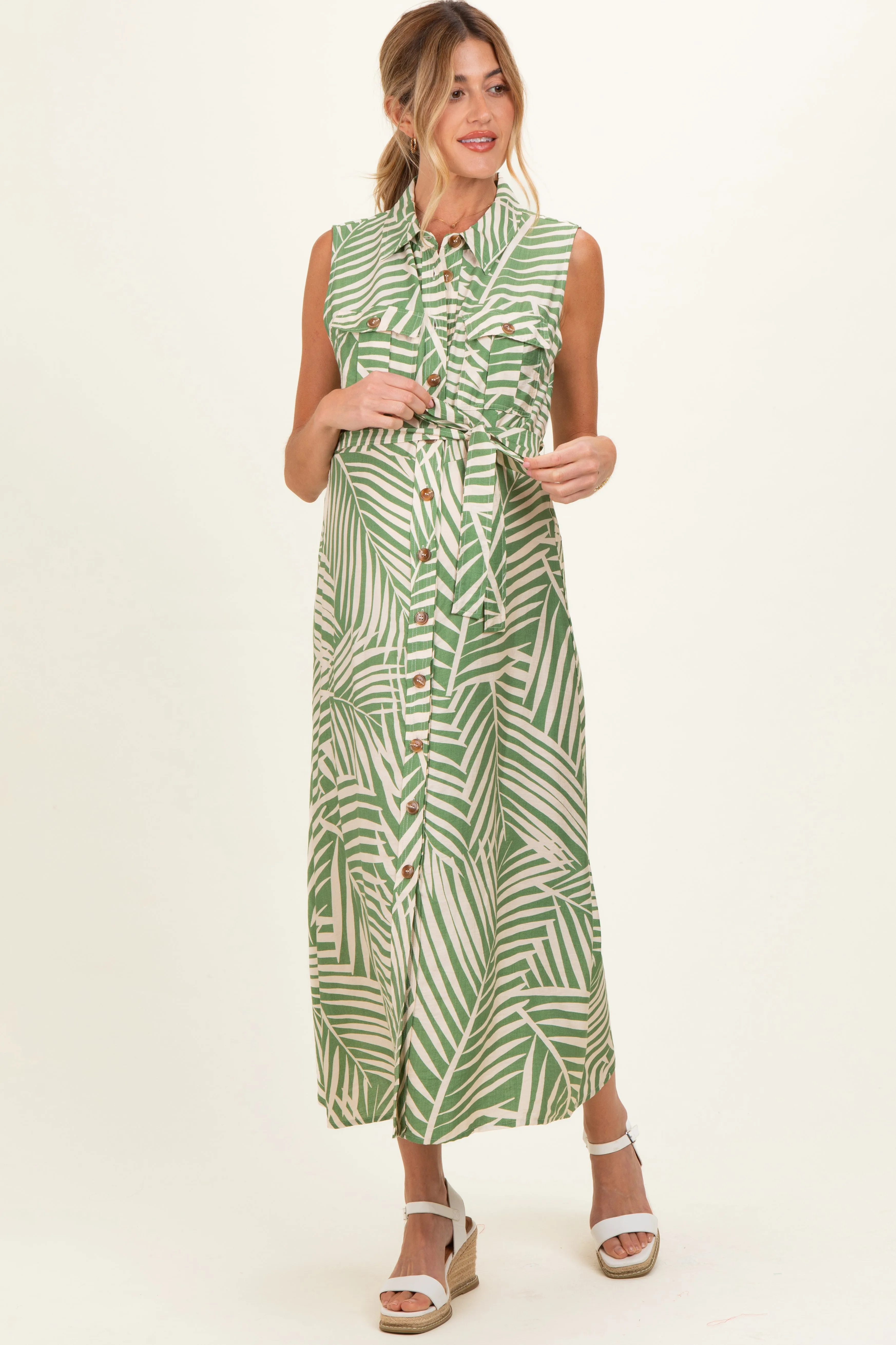 Sage Printed Sleeveless Maternity Maxi Shirt Dress sold by Pinkblush