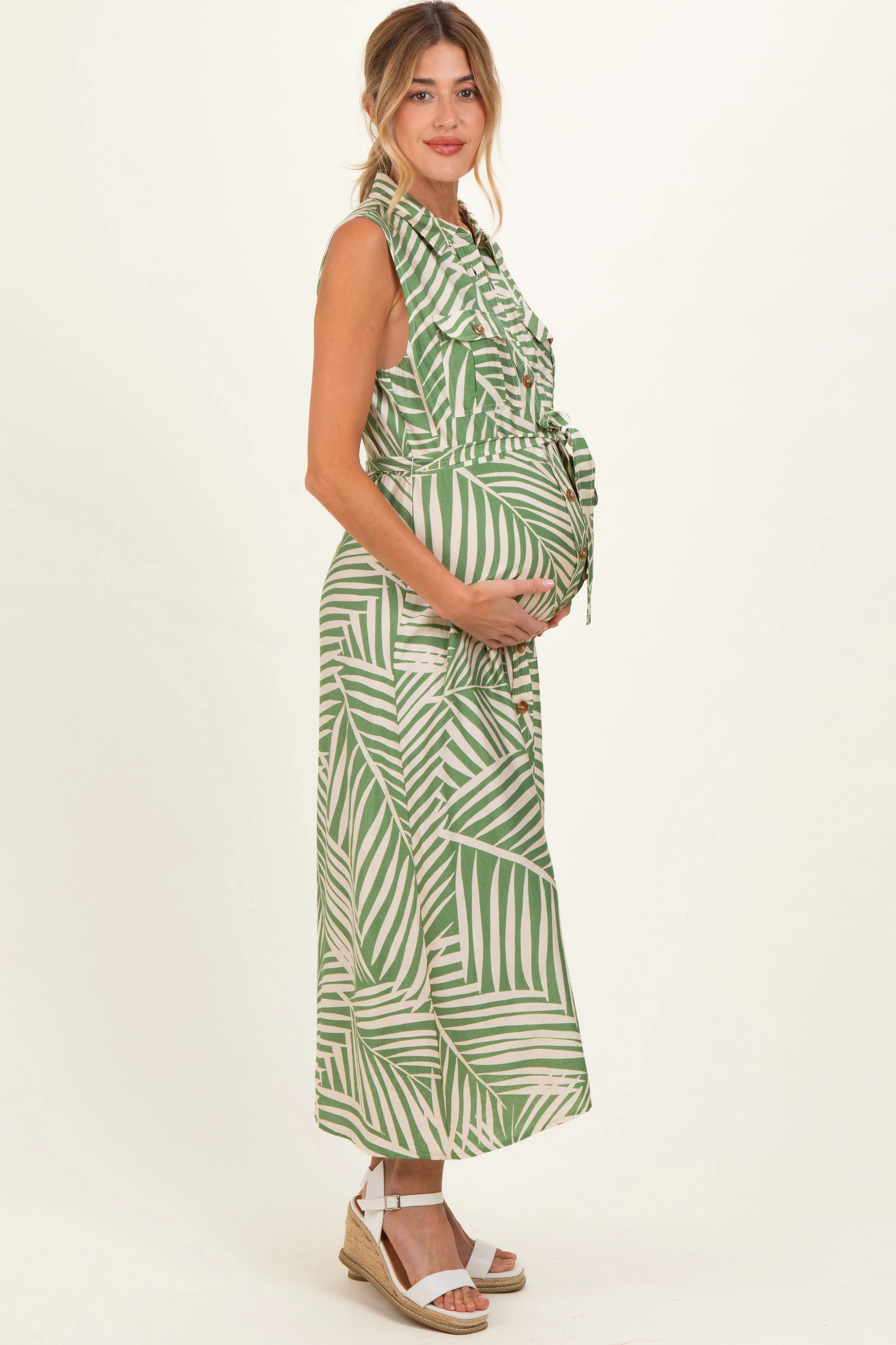 Sage Printed Sleeveless Maternity Maxi Shirt Dress sold by Pinkblush product image thumbnail 2