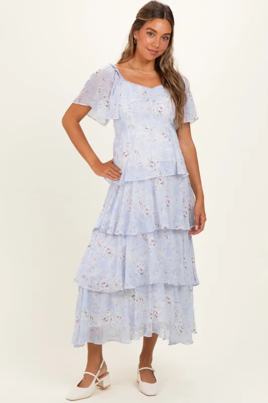 Periwinkle Floral Flounce Tiered Maternity Maxi Dress made by Inloom