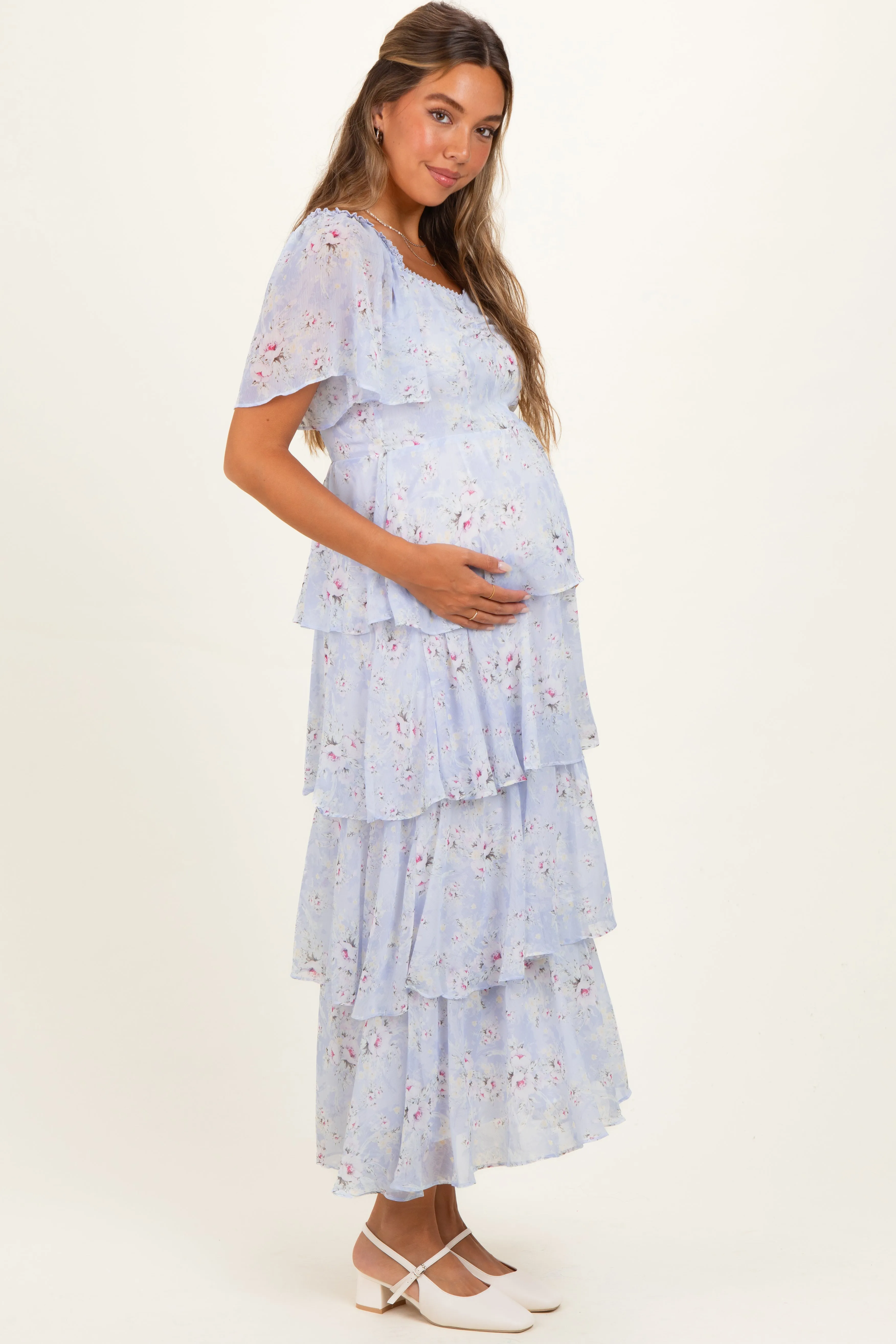 Periwinkle Floral Flounce Tiered Maternity Maxi Dress sold by Pinkblush product image thumbnail 2