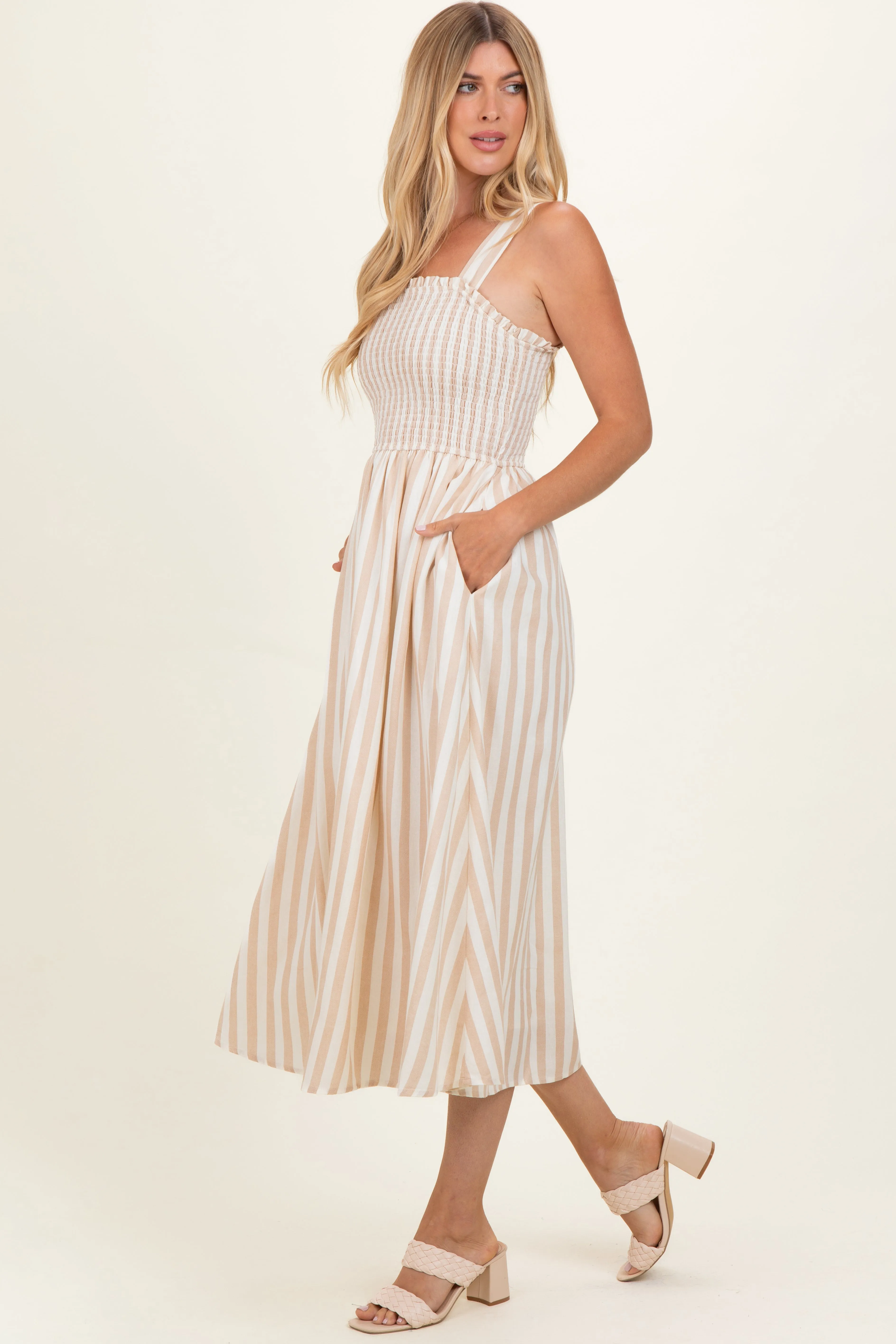 Khaki Striped Smocked Sleeveless Midi Dress sold by Pinkblush product image thumbnail 3
