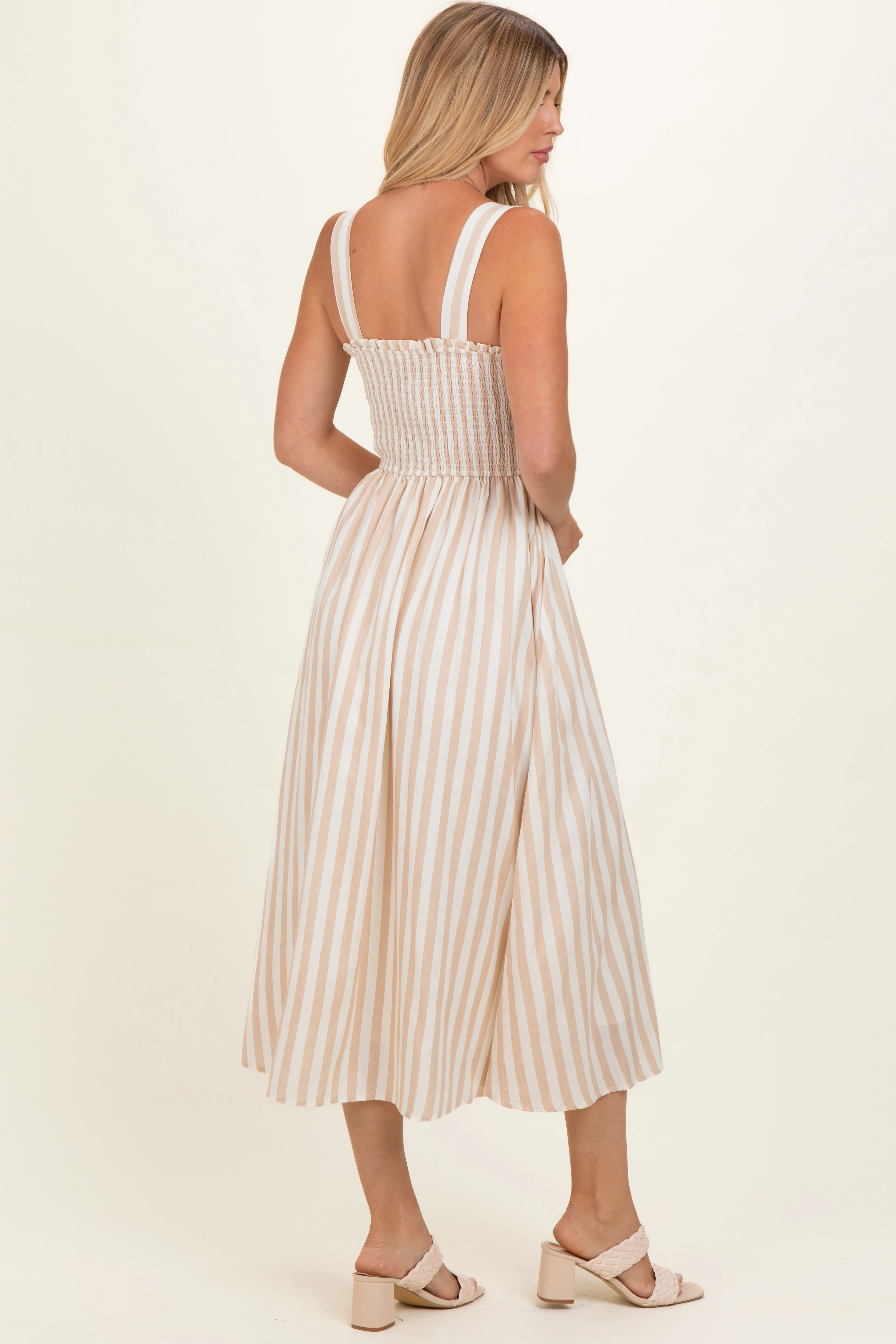 Khaki Striped Smocked Sleeveless Midi Dress sold by Pinkblush product image thumbnail 4