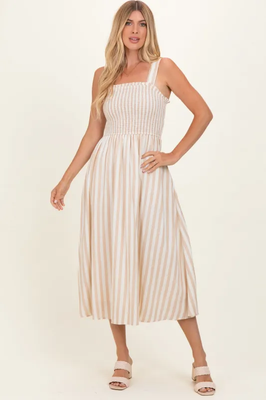 Khaki Striped Smocked Sleeveless Midi Dress made by Pinkblush