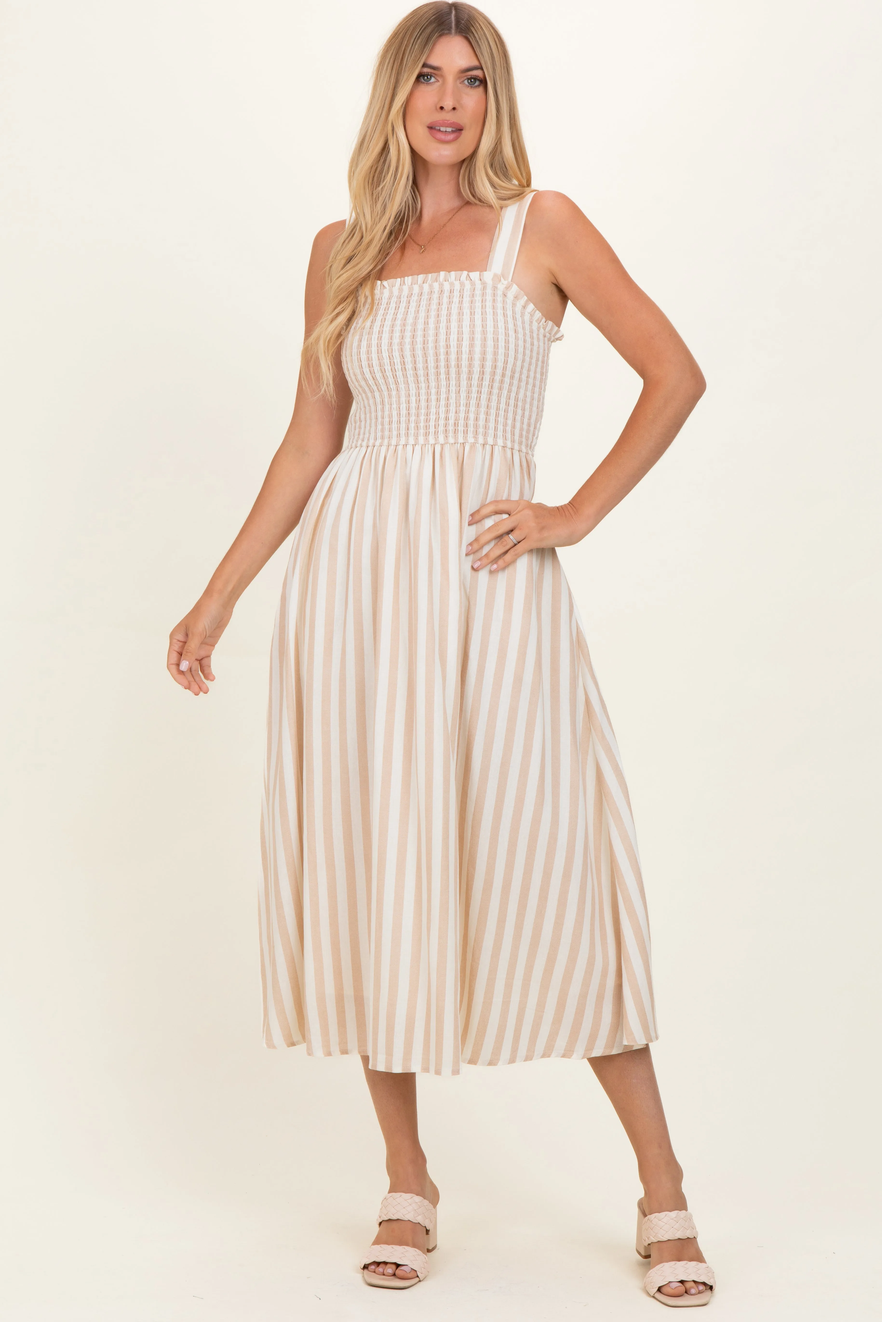 Khaki Striped Smocked Sleeveless Midi Dress sold by Pinkblush