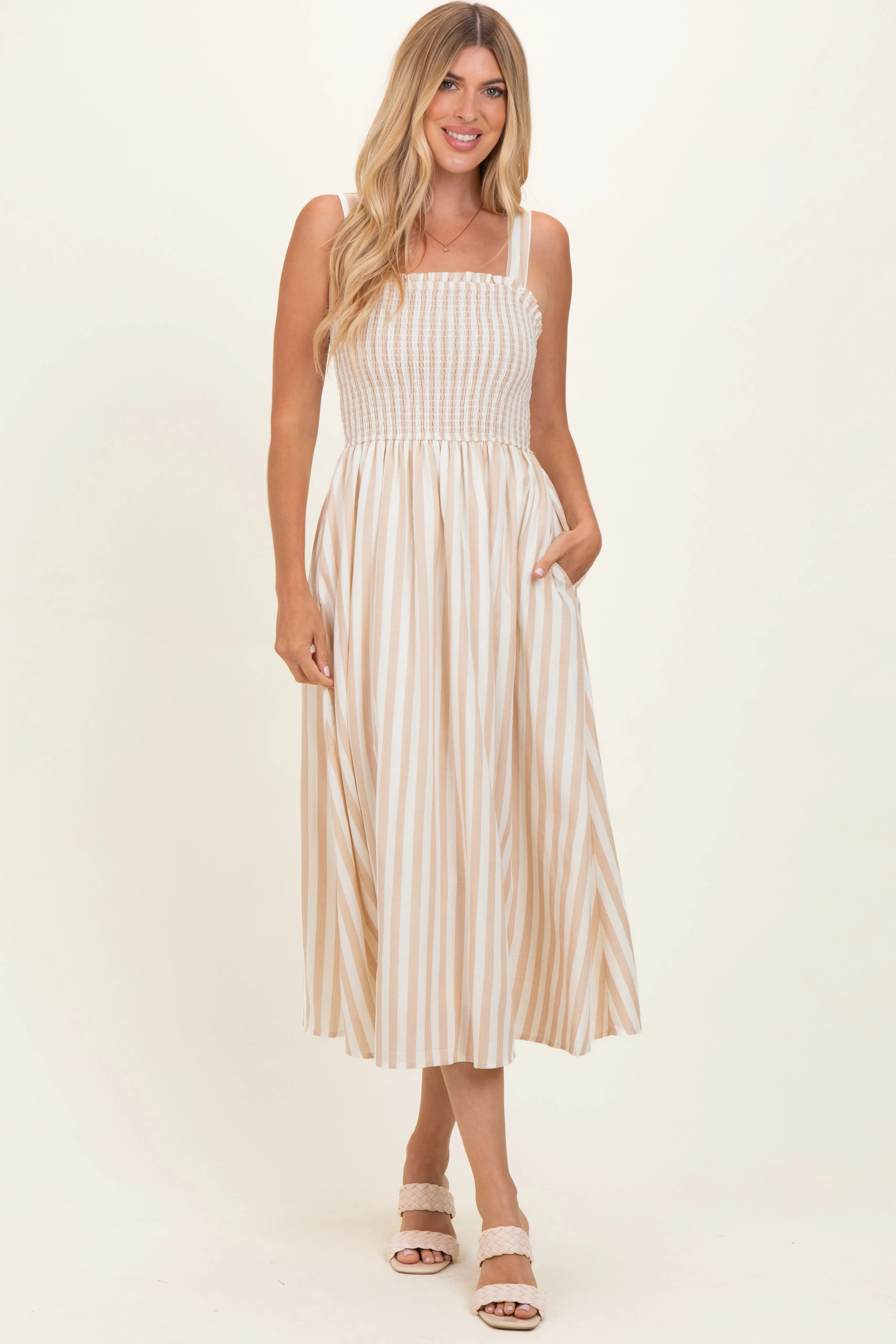 Khaki Striped Smocked Sleeveless Midi Dress sold by Pinkblush product image thumbnail 2