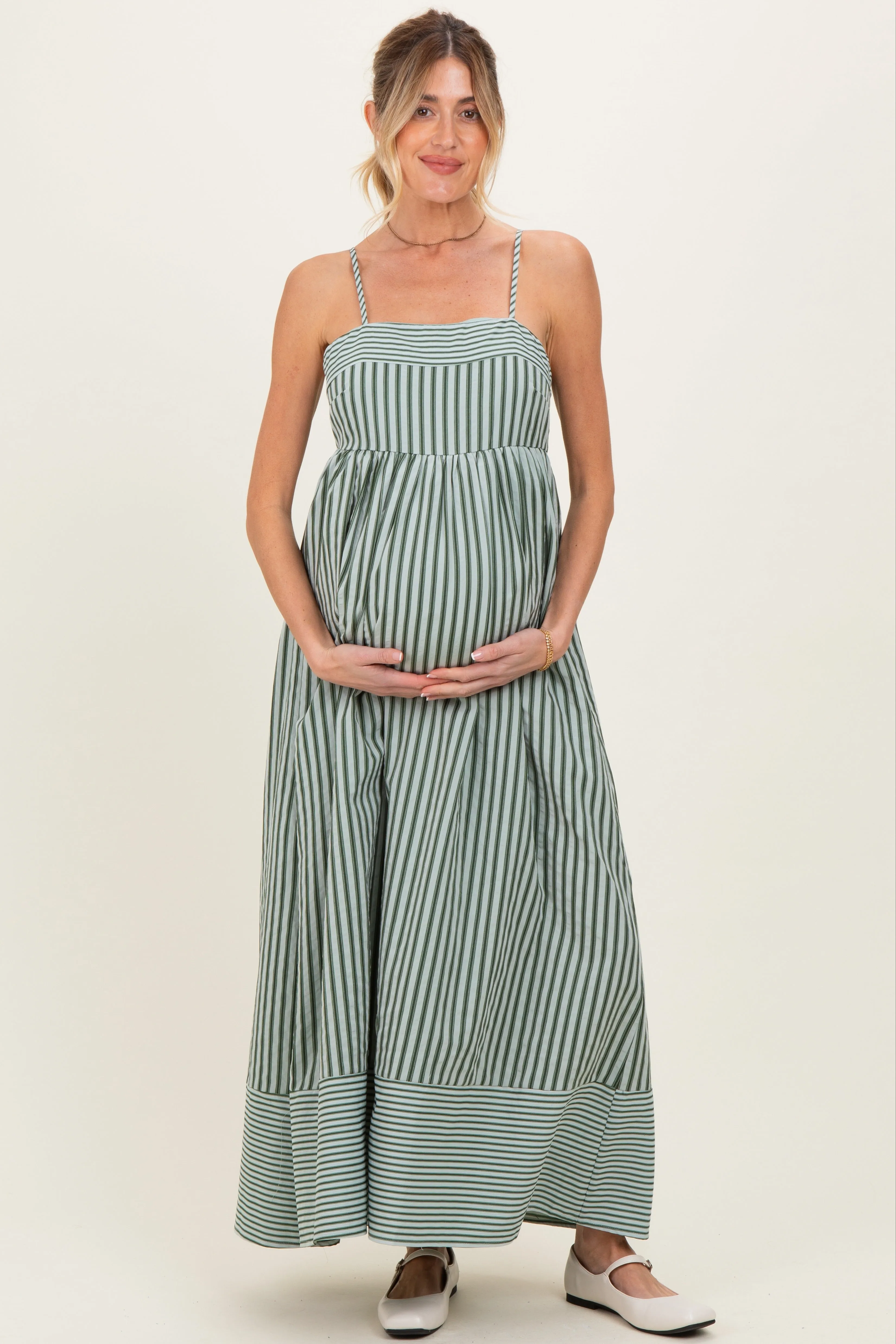 Olive Mixed Stripe Sleeveless Maternity Maxi Dress sold by Pinkblush