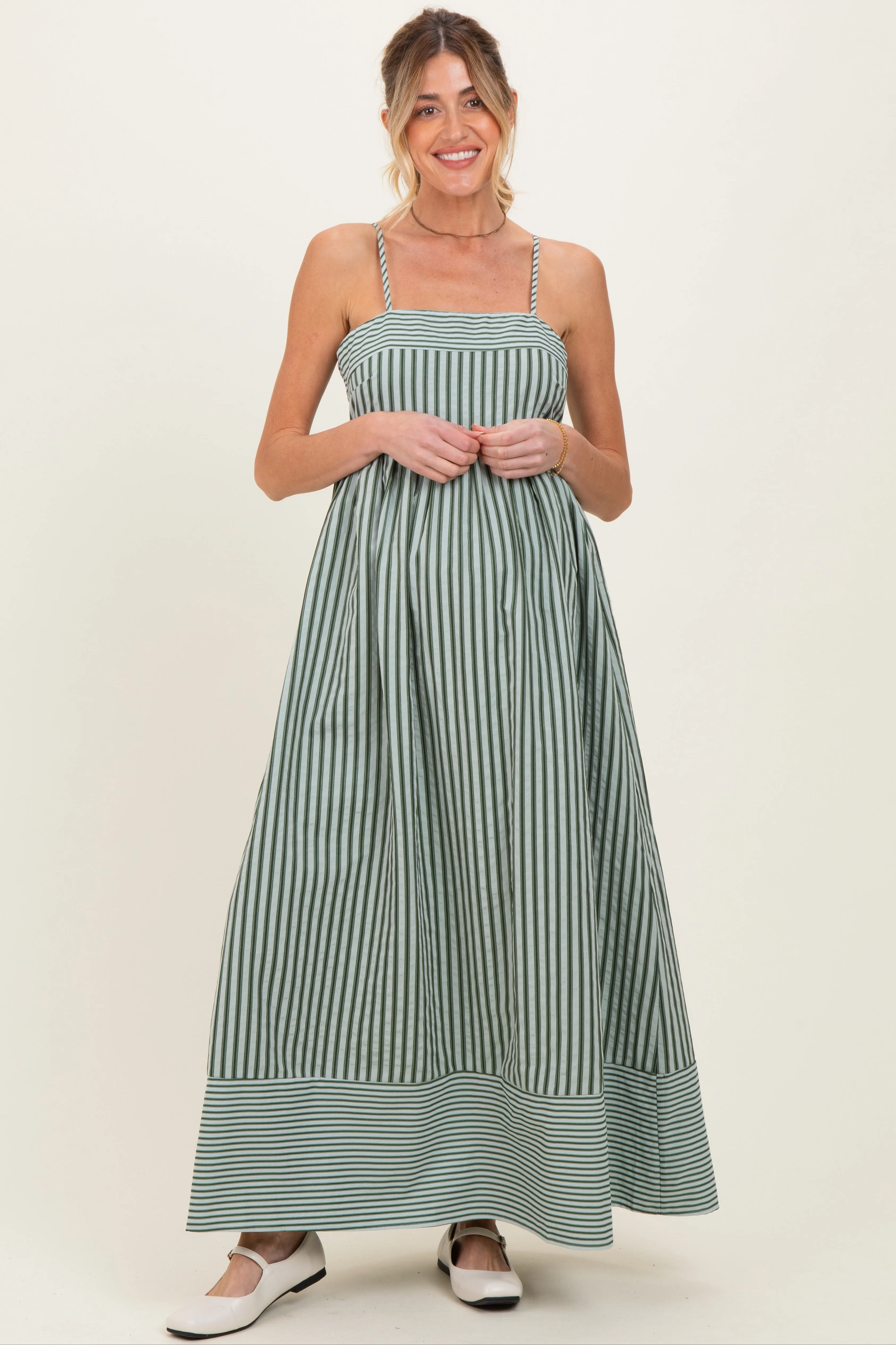 Olive Mixed Stripe Sleeveless Maternity Maxi Dress sold by Pinkblush product image thumbnail 2