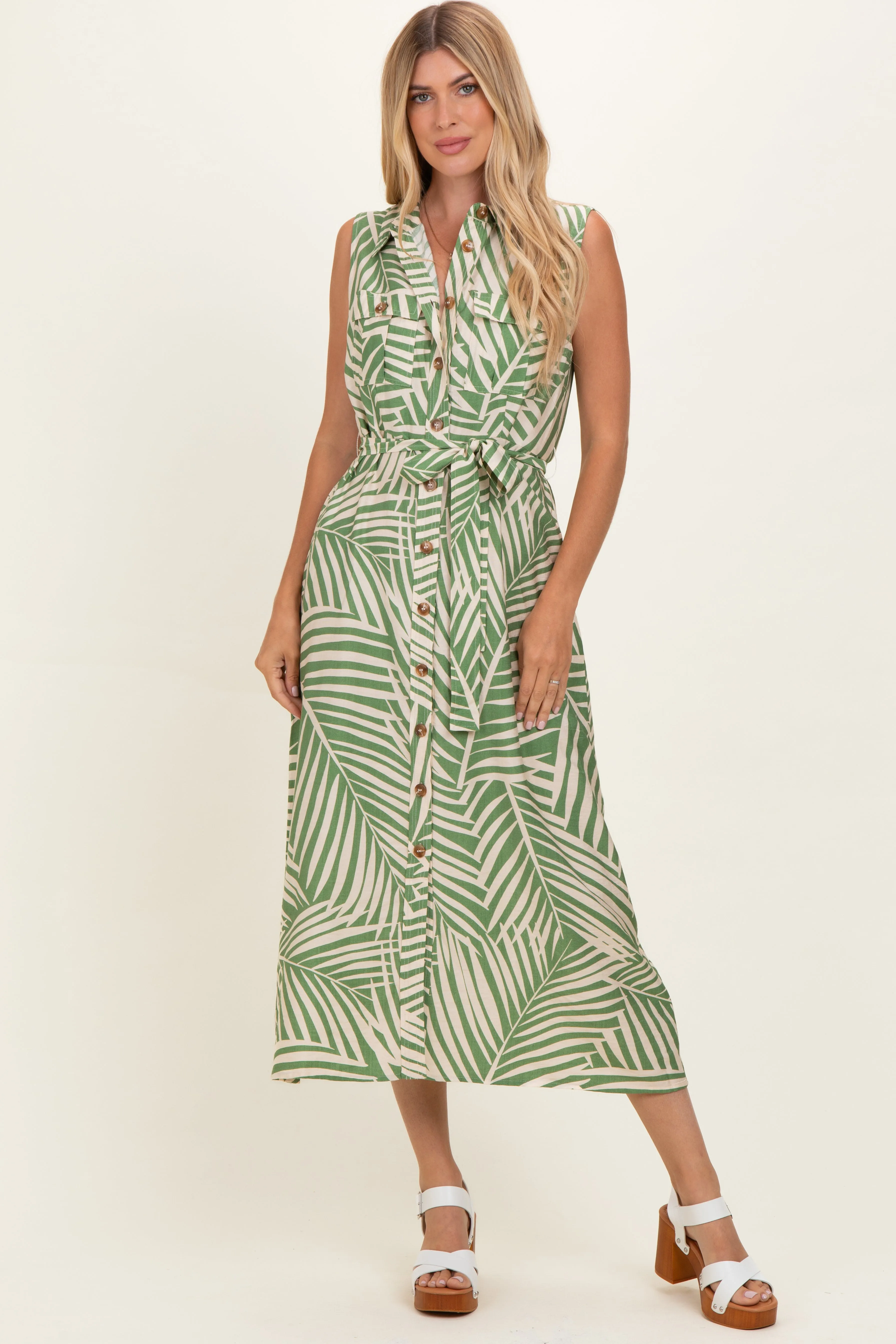 Sage Printed Sleeveless Maxi Shirt Dress sold by Pinkblush