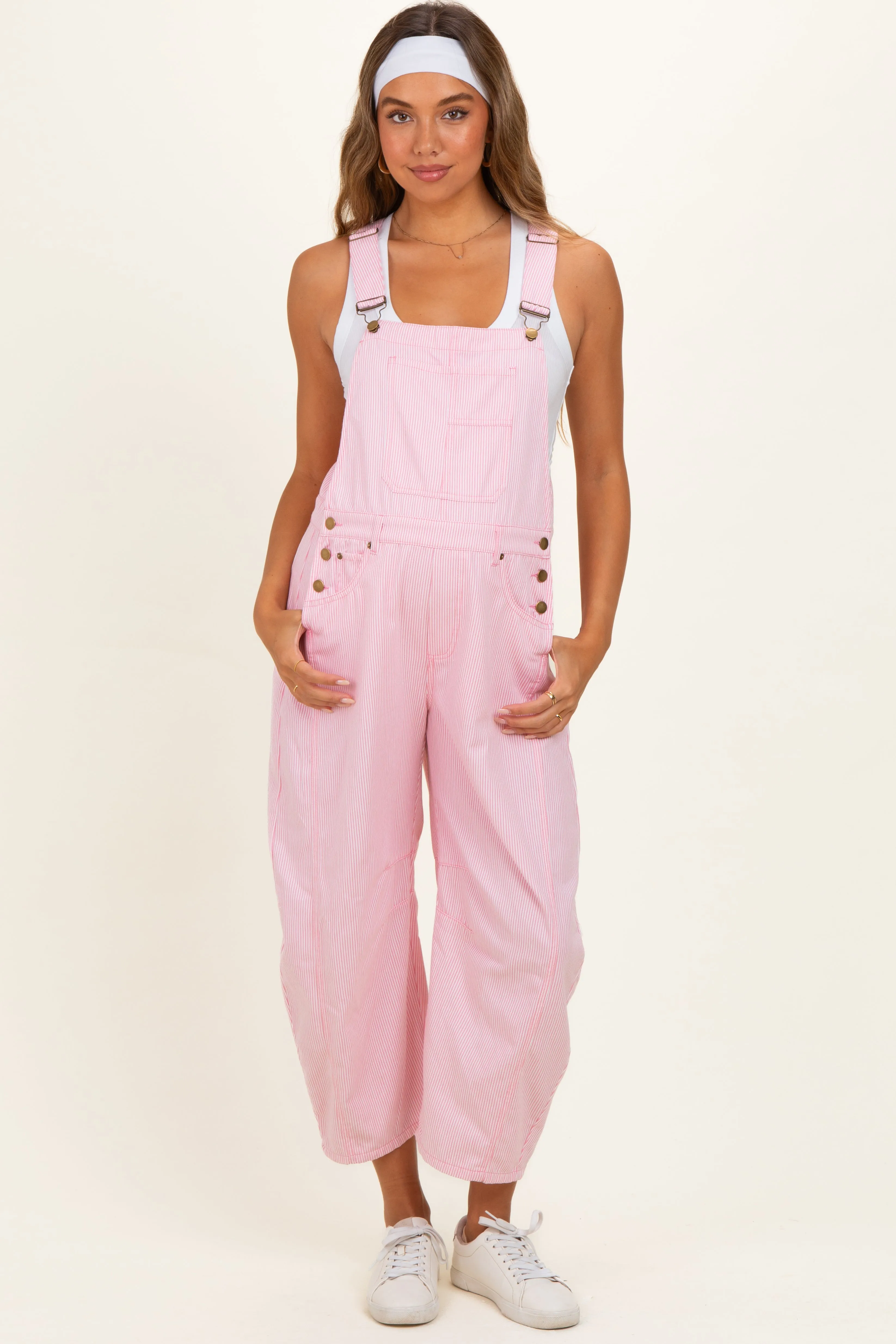 Pink Pinstriped Barrel-Leg Maternity Overalls sold by Pinkblush