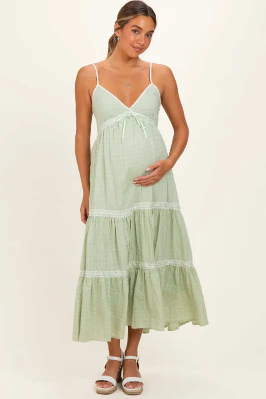 Mint Cream Printed Lace Tiered Maternity Maxi Dress made by Inloom