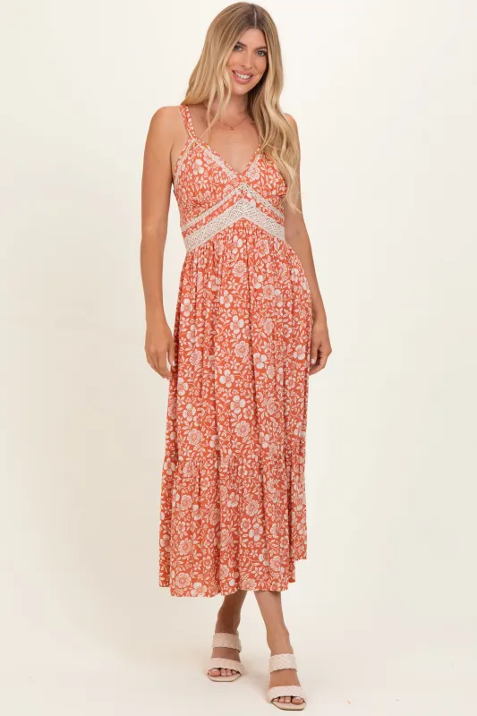 Creamsicle Floral V-Neck Lace Trim Maxi Dress made by Angie