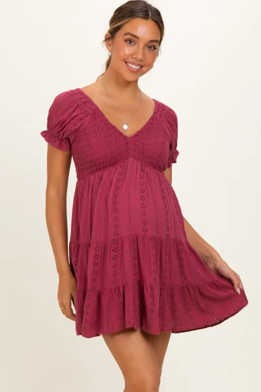 Dried Rose Smocked Eyelet Lace Maternity Mini Dress made by Angie