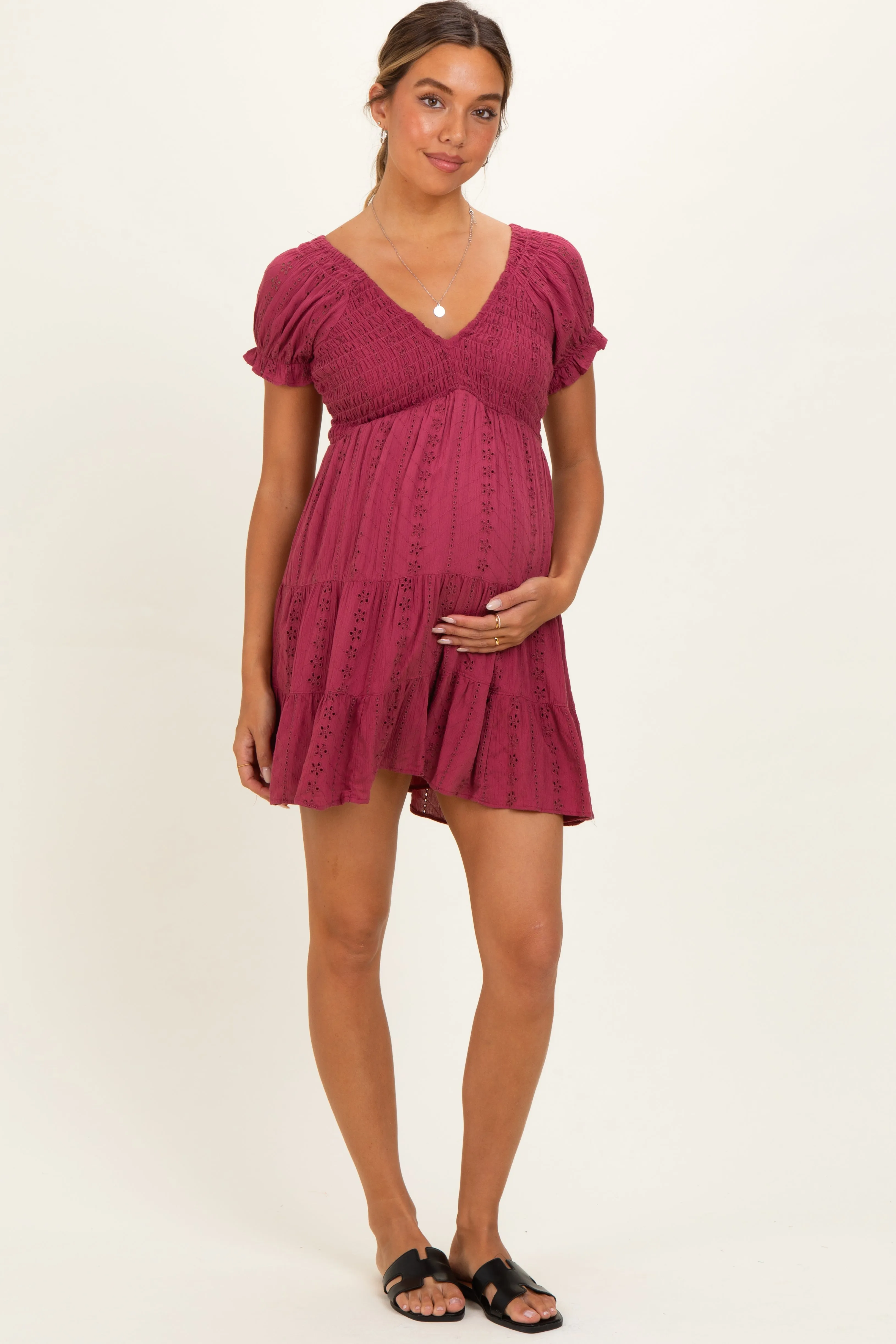 Dried Rose Smocked Eyelet Lace Maternity Mini Dress sold by Pinkblush product image thumbnail 2
