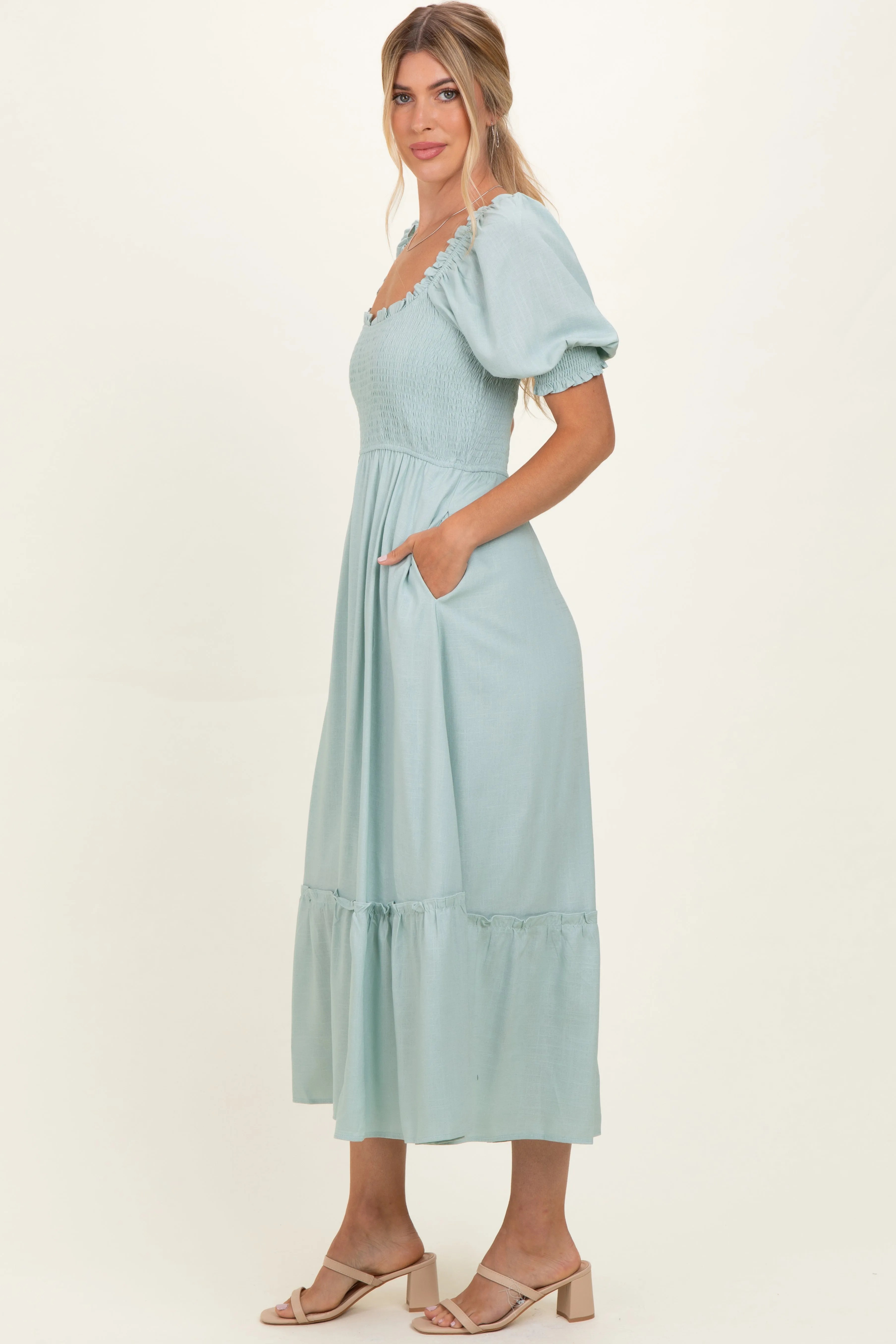 Sage Smocked Puff Sleeve Ruffle Trim Midi Dress sold by Pinkblush product image thumbnail 3