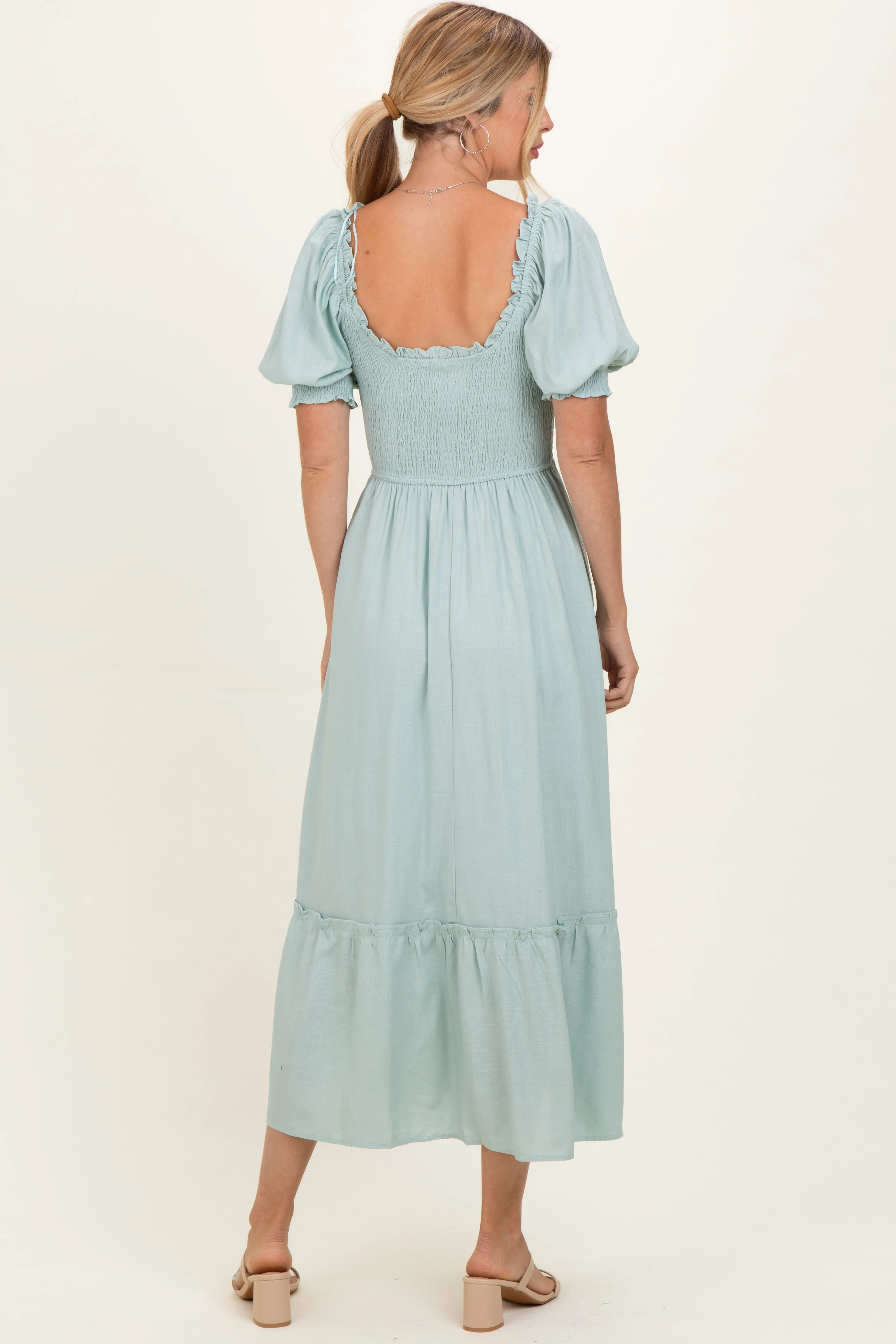 Sage Smocked Puff Sleeve Ruffle Trim Midi Dress sold by Pinkblush product image thumbnail 4