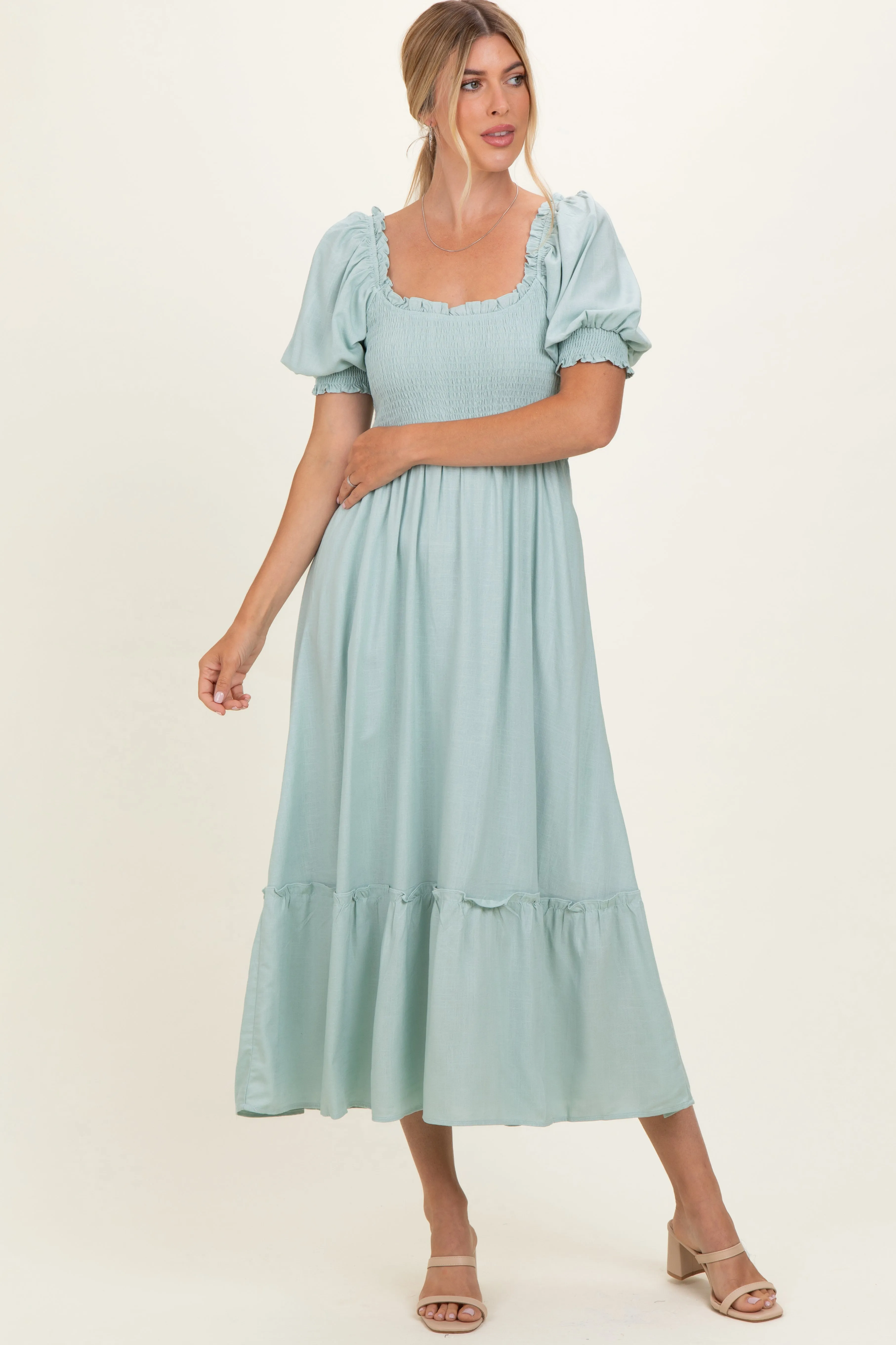 Sage Smocked Puff Sleeve Ruffle Trim Midi Dress sold by Pinkblush