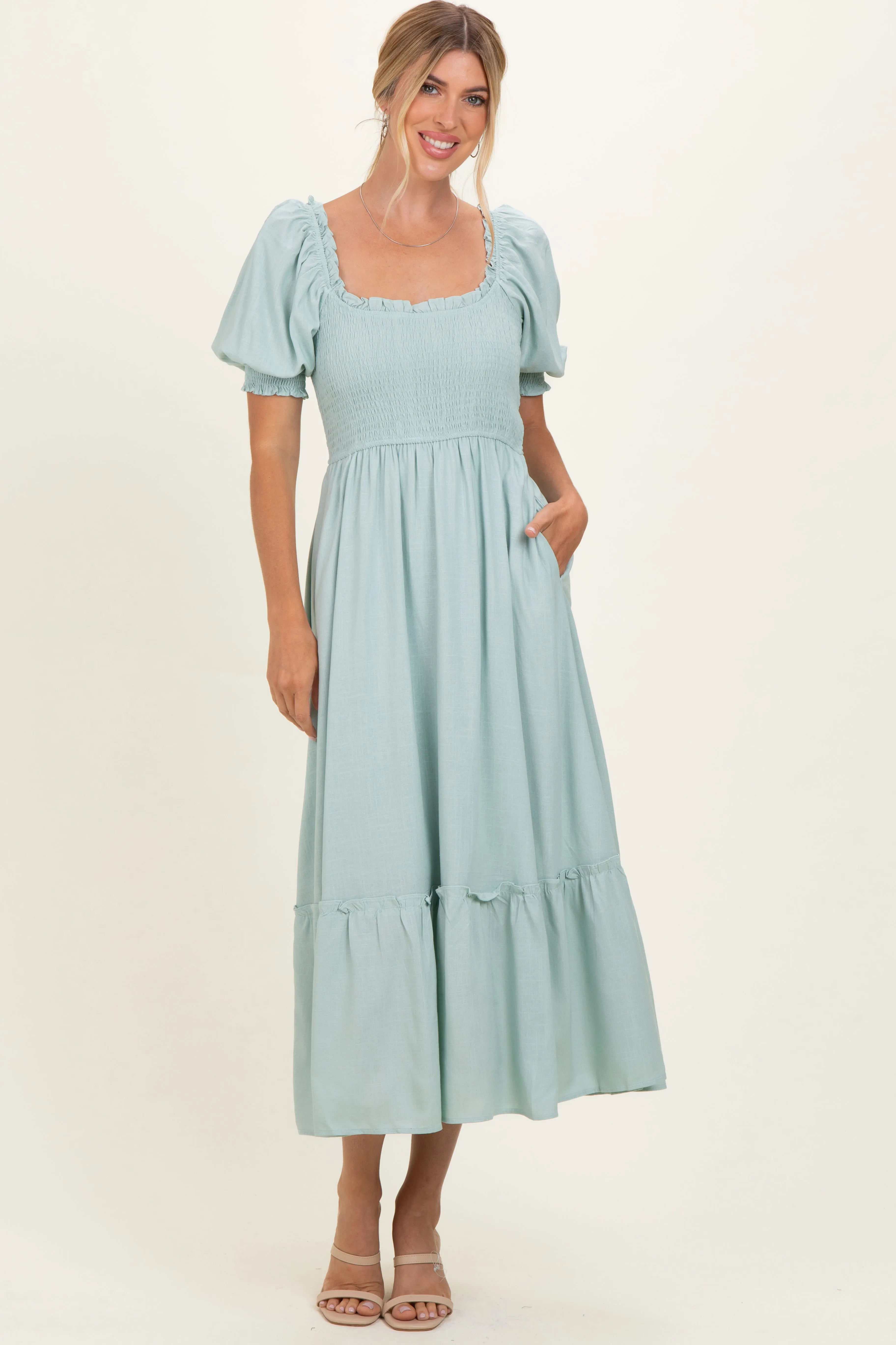 Sage Smocked Puff Sleeve Ruffle Trim Midi Dress sold by Pinkblush product image thumbnail 2