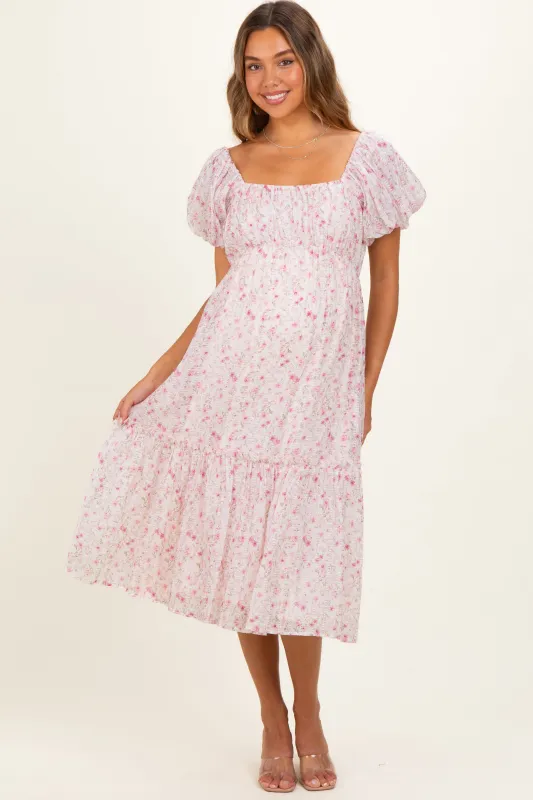 Pink Floral Puff Sleeve Maternity Midi Dress made by Pinkblush