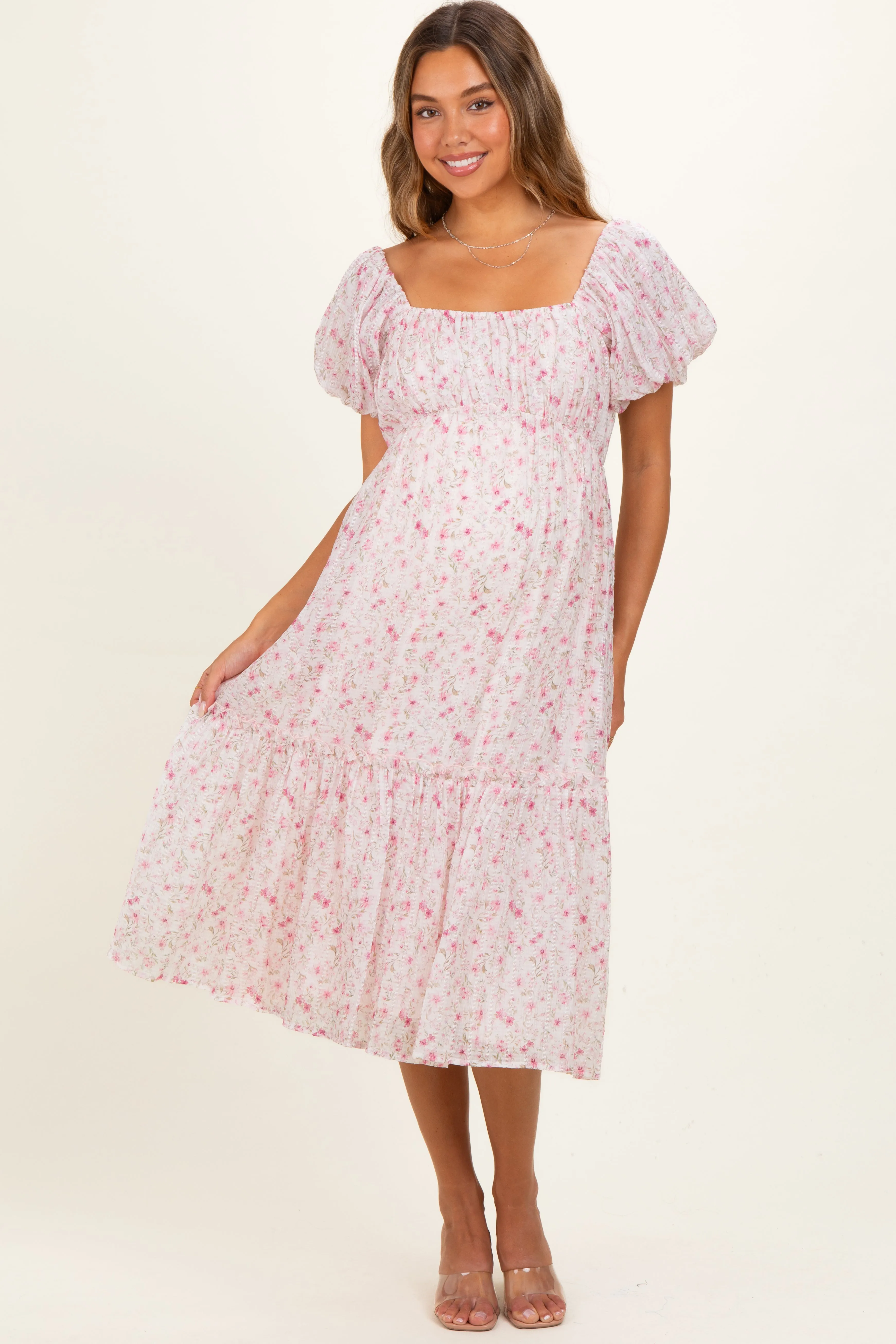 Pink Floral Puff Sleeve Maternity Midi Dress sold by Pinkblush