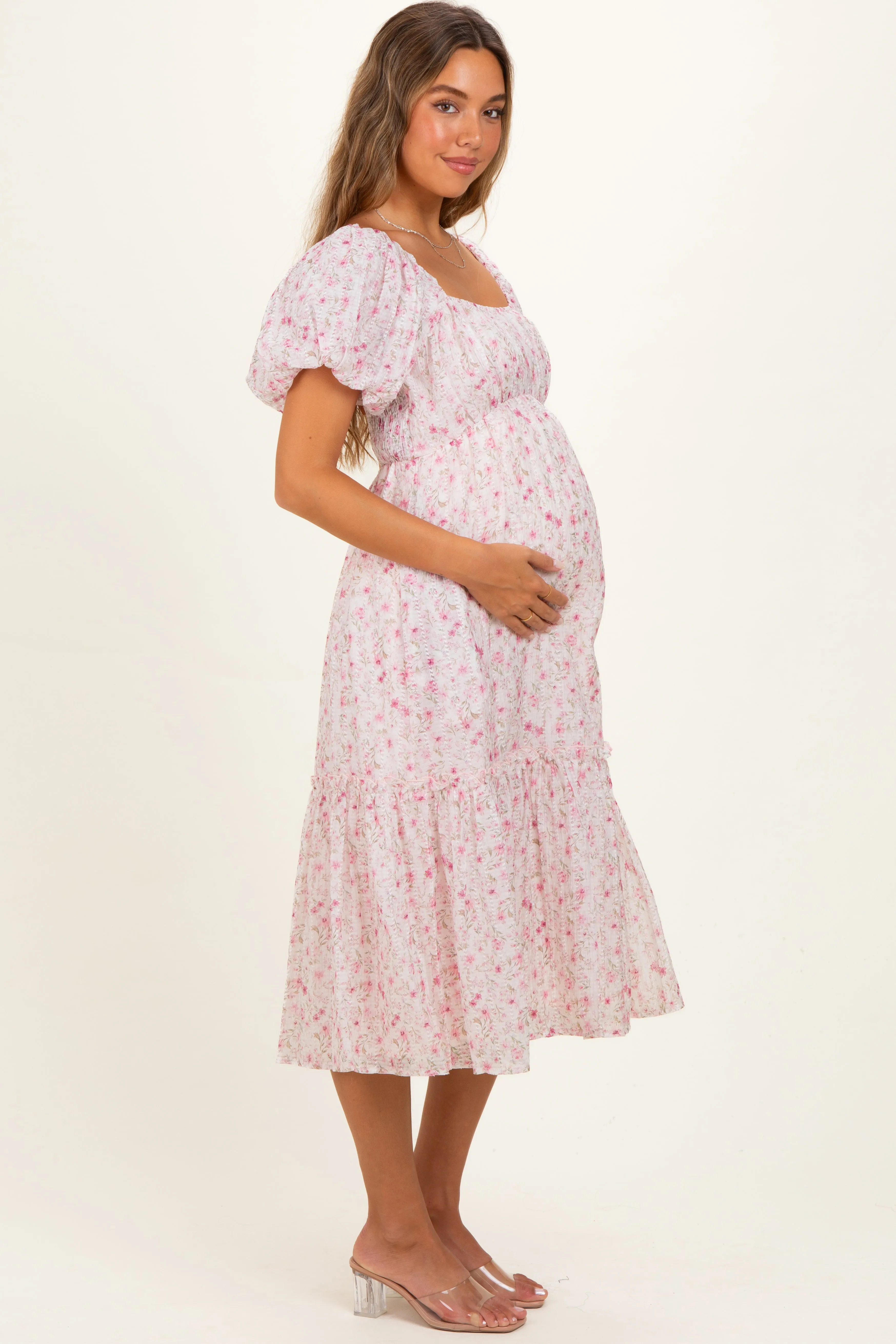 Pink Floral Puff Sleeve Maternity Midi Dress sold by Pinkblush product image thumbnail 2