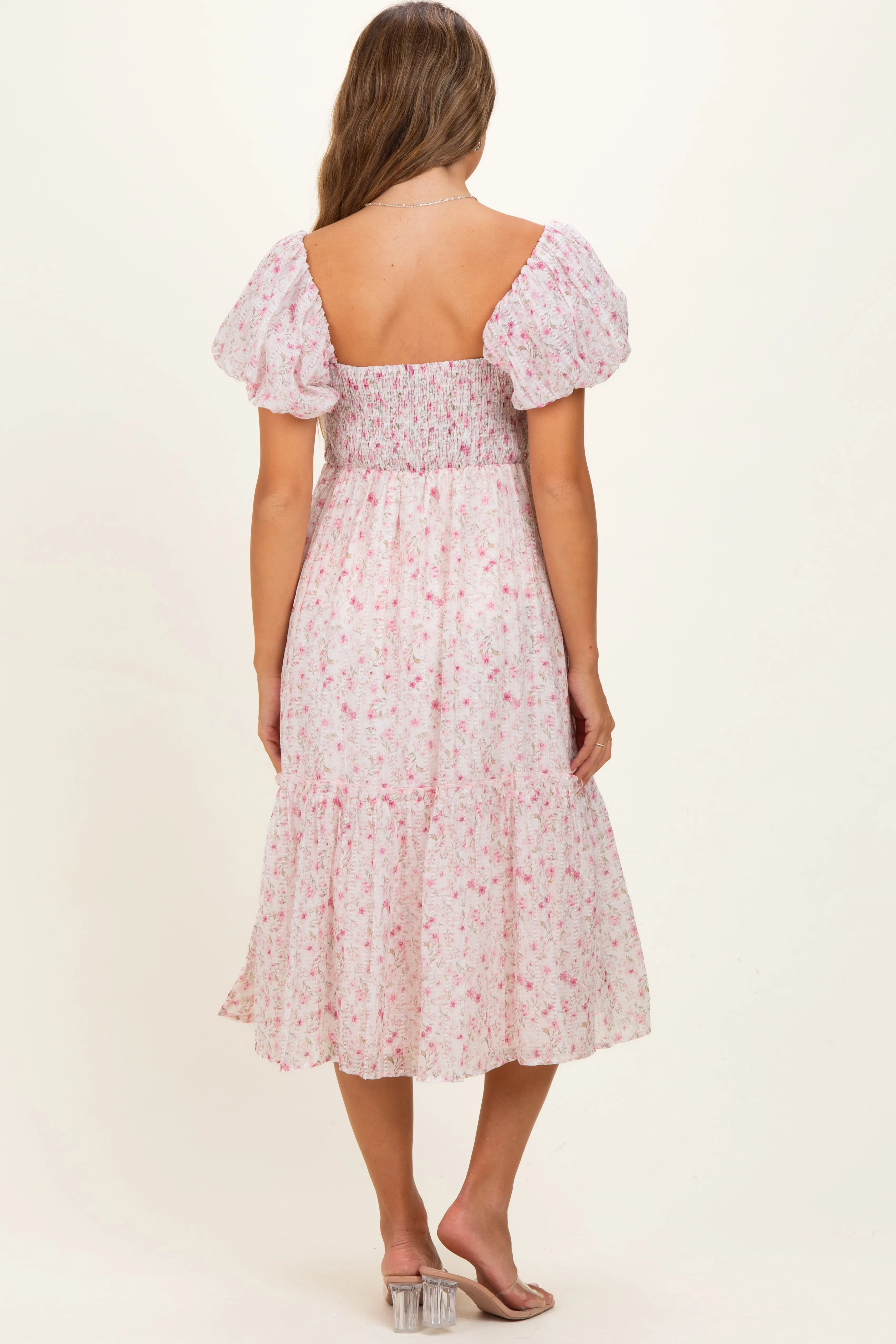 Pink Floral Puff Sleeve Maternity Midi Dress sold by Pinkblush product image thumbnail 3