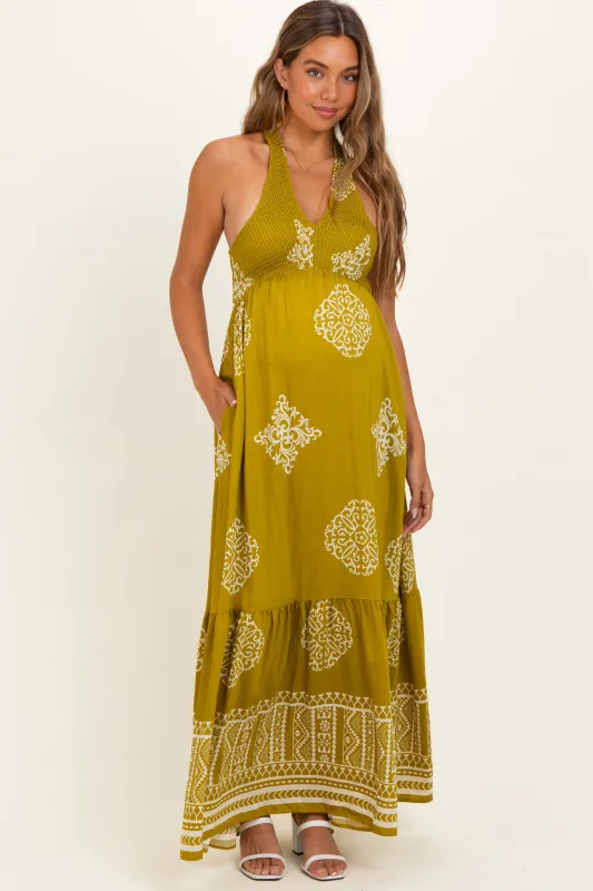 Olive Palm Printed Smocked Halter Maternity Maxi Dress made by Inloom