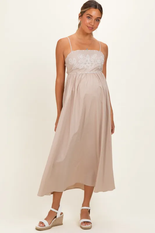 Beige Floral Embroidered Back Cut Out Maternity Maxi Dress made by By Together