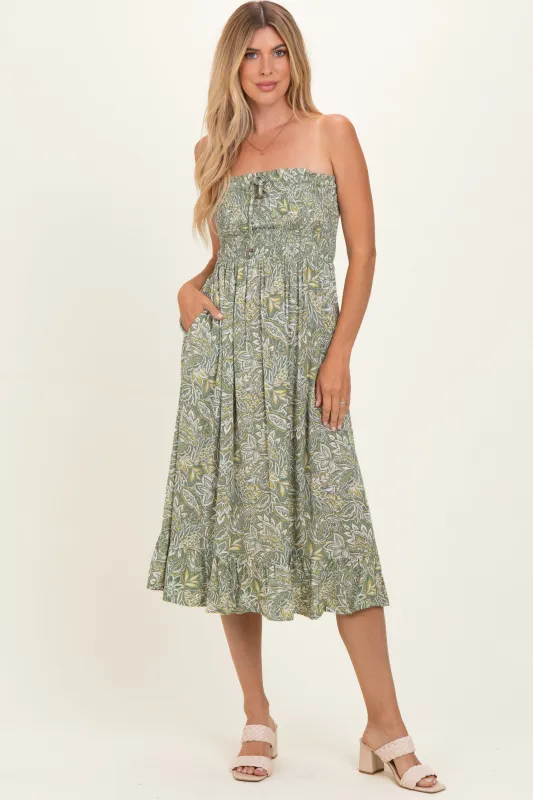 Green Floral Smocked Strapless Midi Dress made by Angie