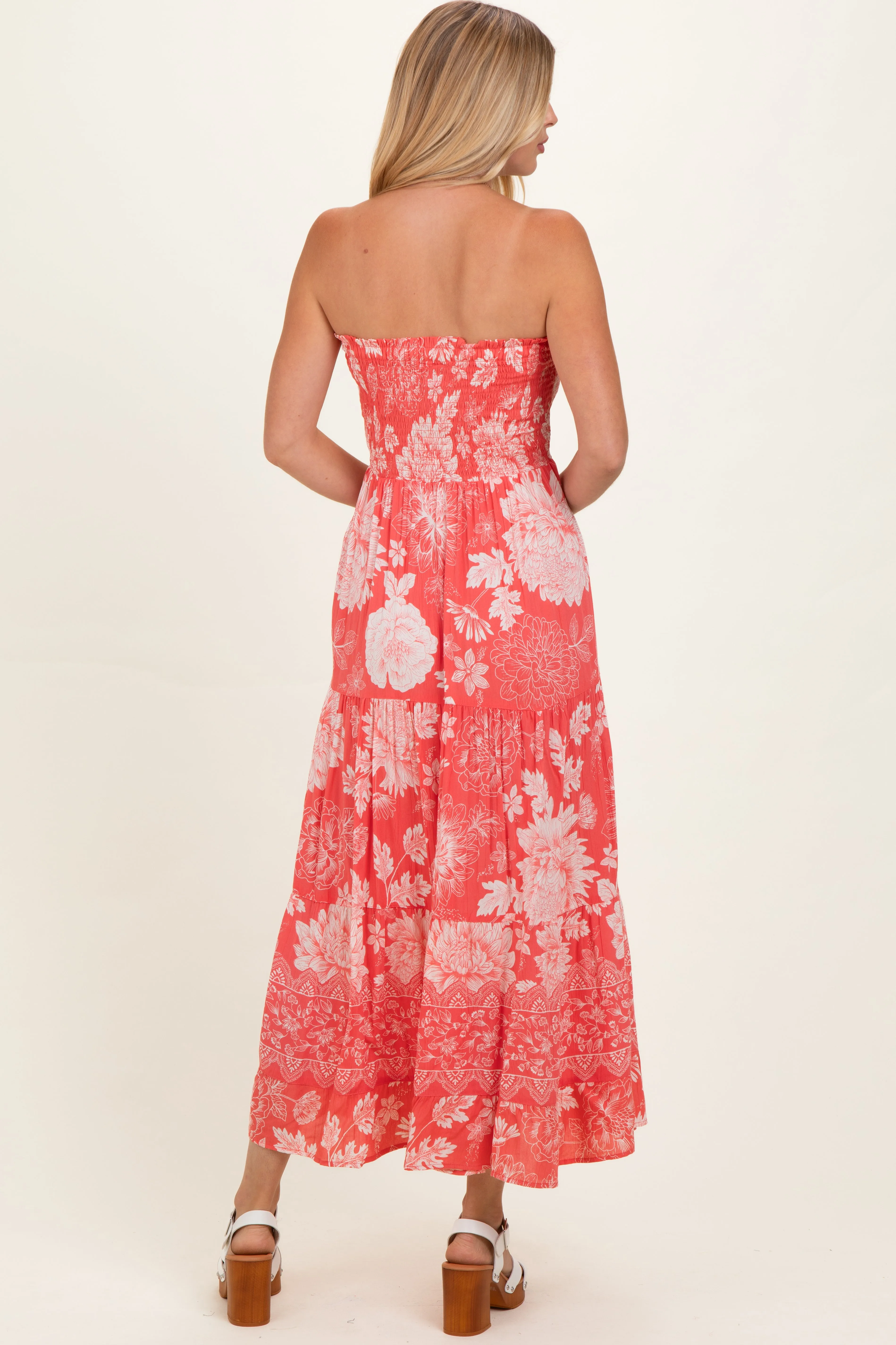 Coral Pink Floral Smocked Strapless Midi Dress sold by Pinkblush product image thumbnail 3