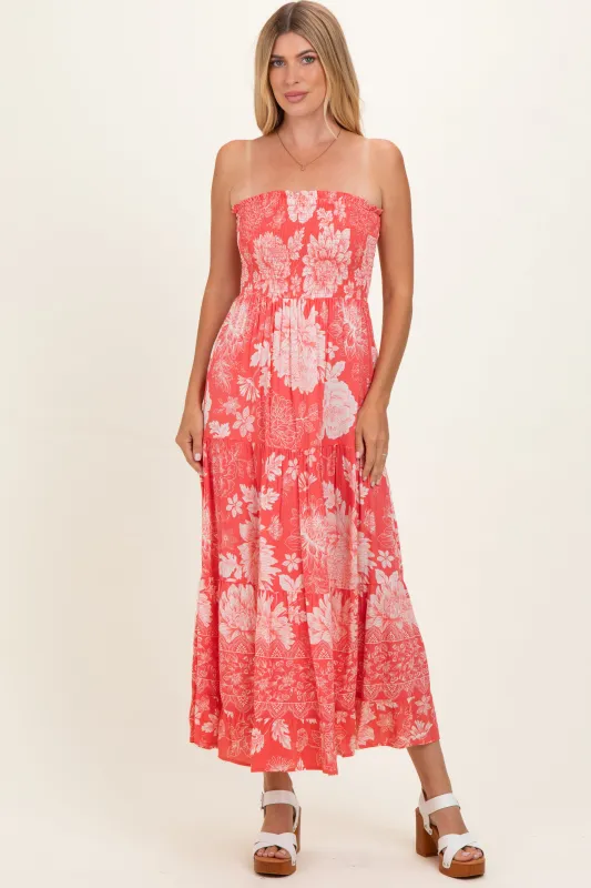 Coral Pink Floral Smocked Strapless Midi Dress made by Angie