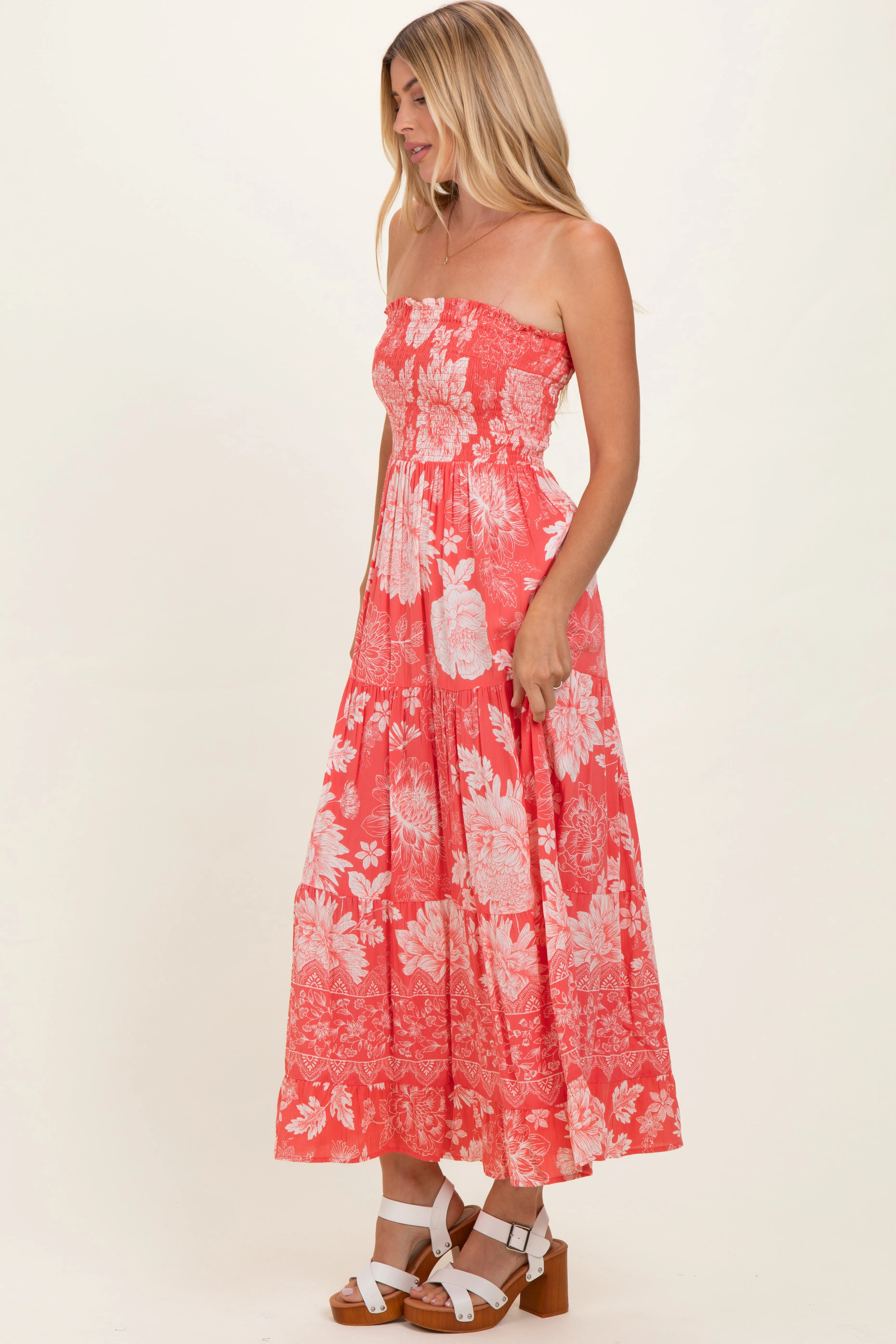 Coral Pink Floral Smocked Strapless Midi Dress sold by Pinkblush product image thumbnail 2