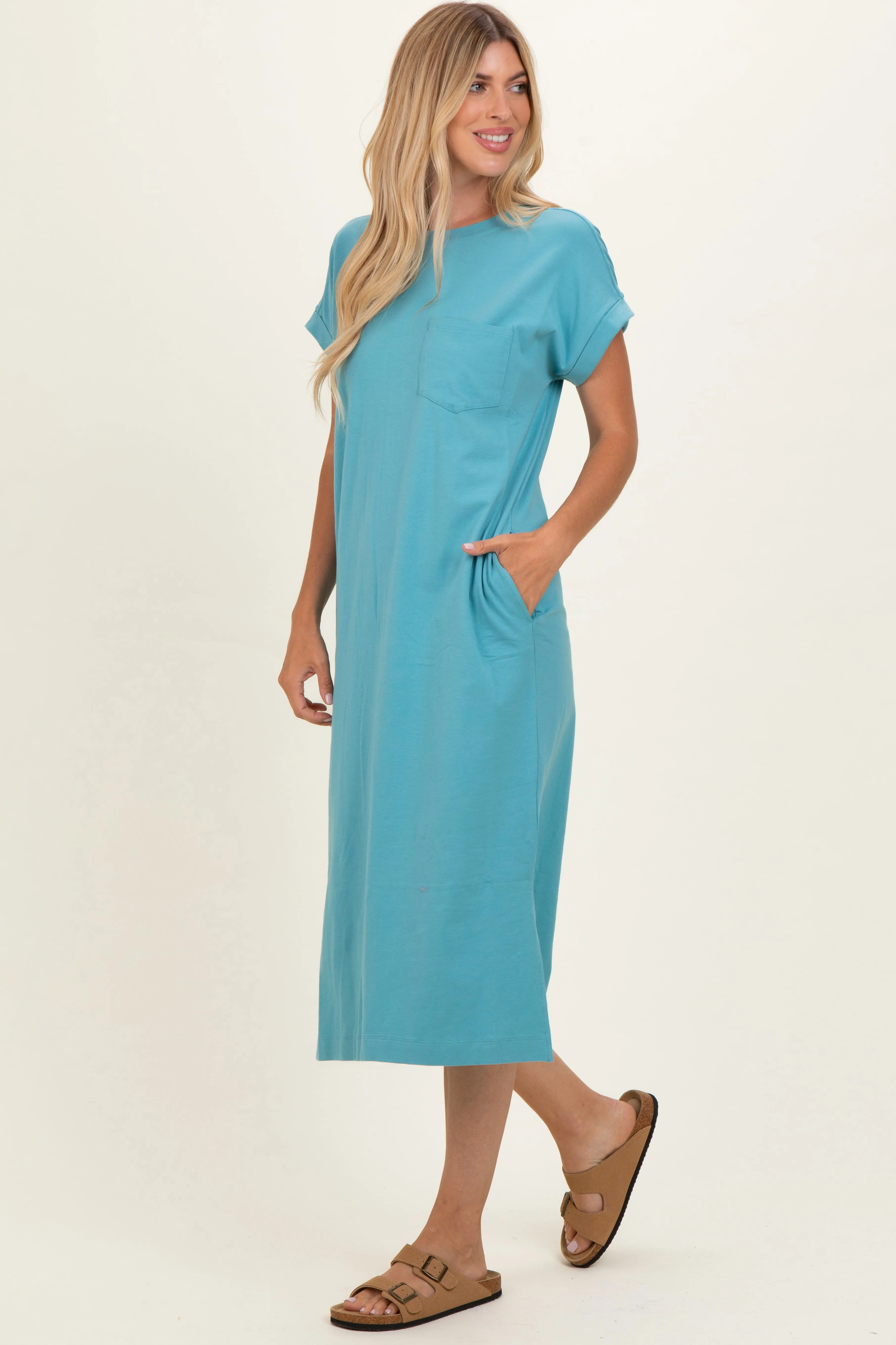 Dusty Teal Pocket Front Midi T-Shirt Dress sold by Pinkblush product image thumbnail 3