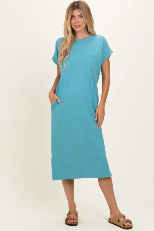 Dusty Teal Pocket Front Midi T-Shirt Dress made by Zenana Outfitters