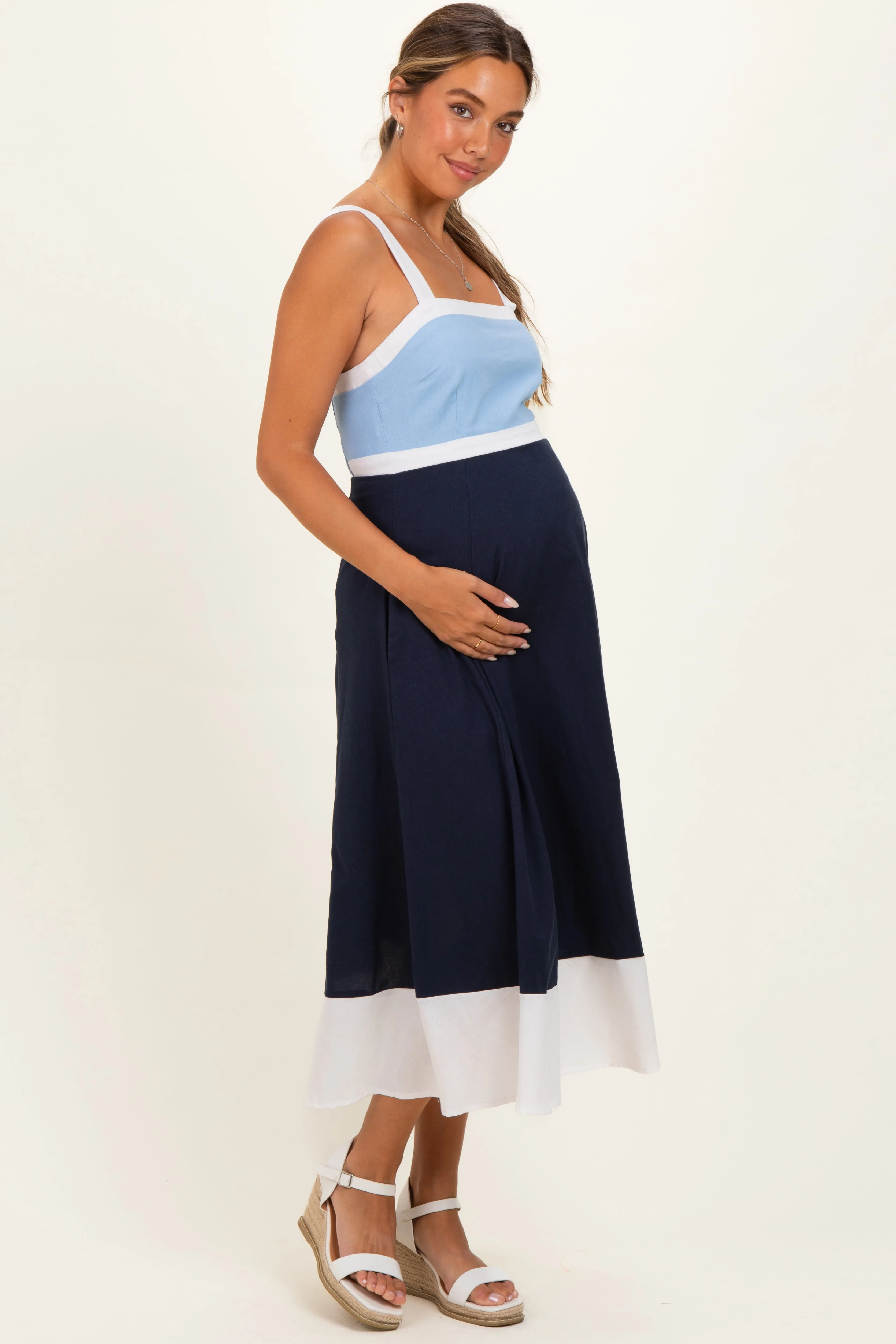 Light Blue Navy Colorblock Sleeveless Maternity Midi Dress sold by Pinkblush product image thumbnail 2