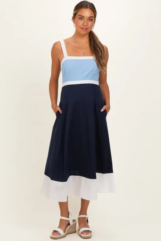 Light Blue Navy Colorblock Sleeveless Maternity Midi Dress made by entro