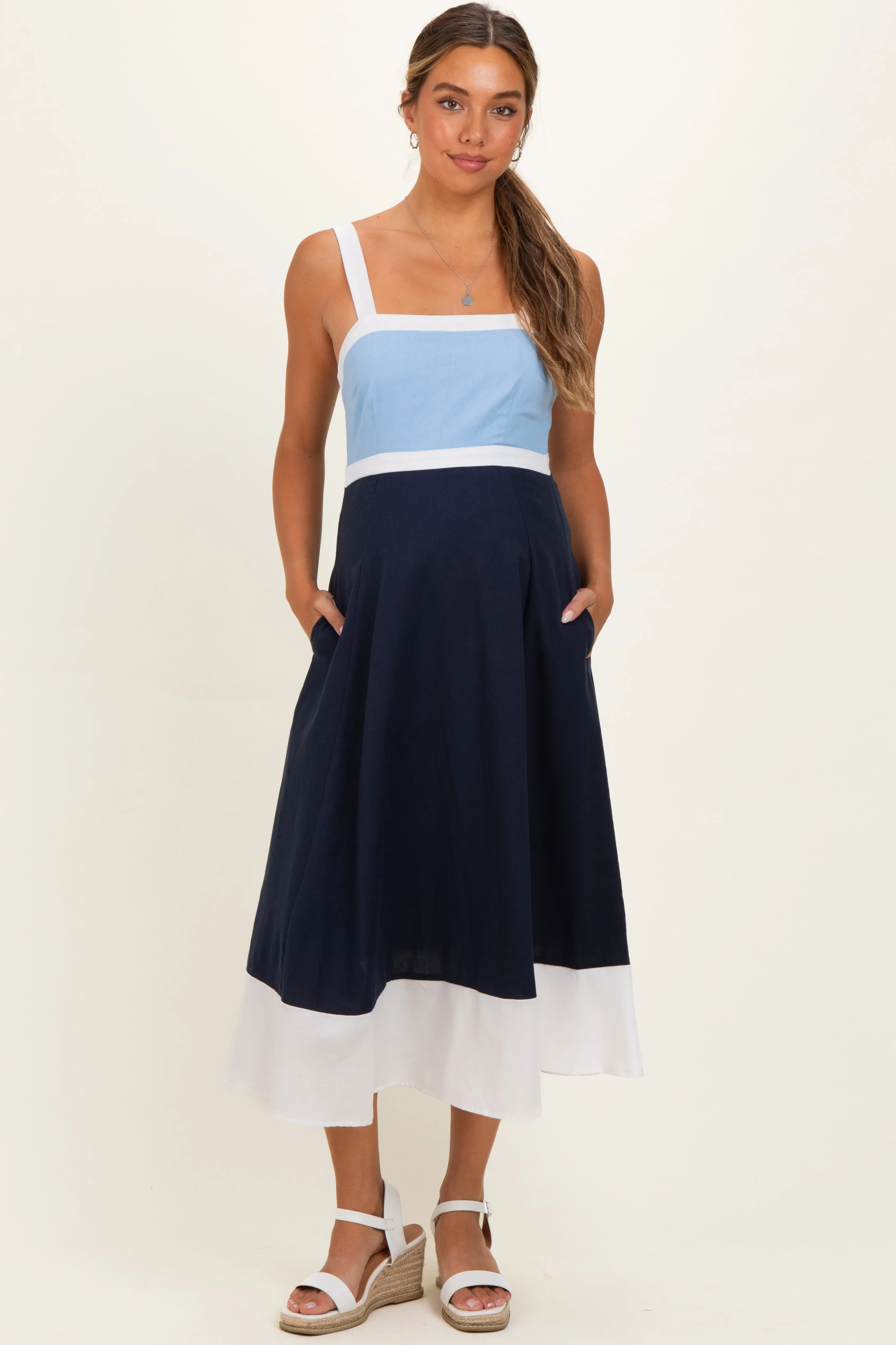 Light Blue Navy Colorblock Sleeveless Maternity Midi Dress sold by Pinkblush